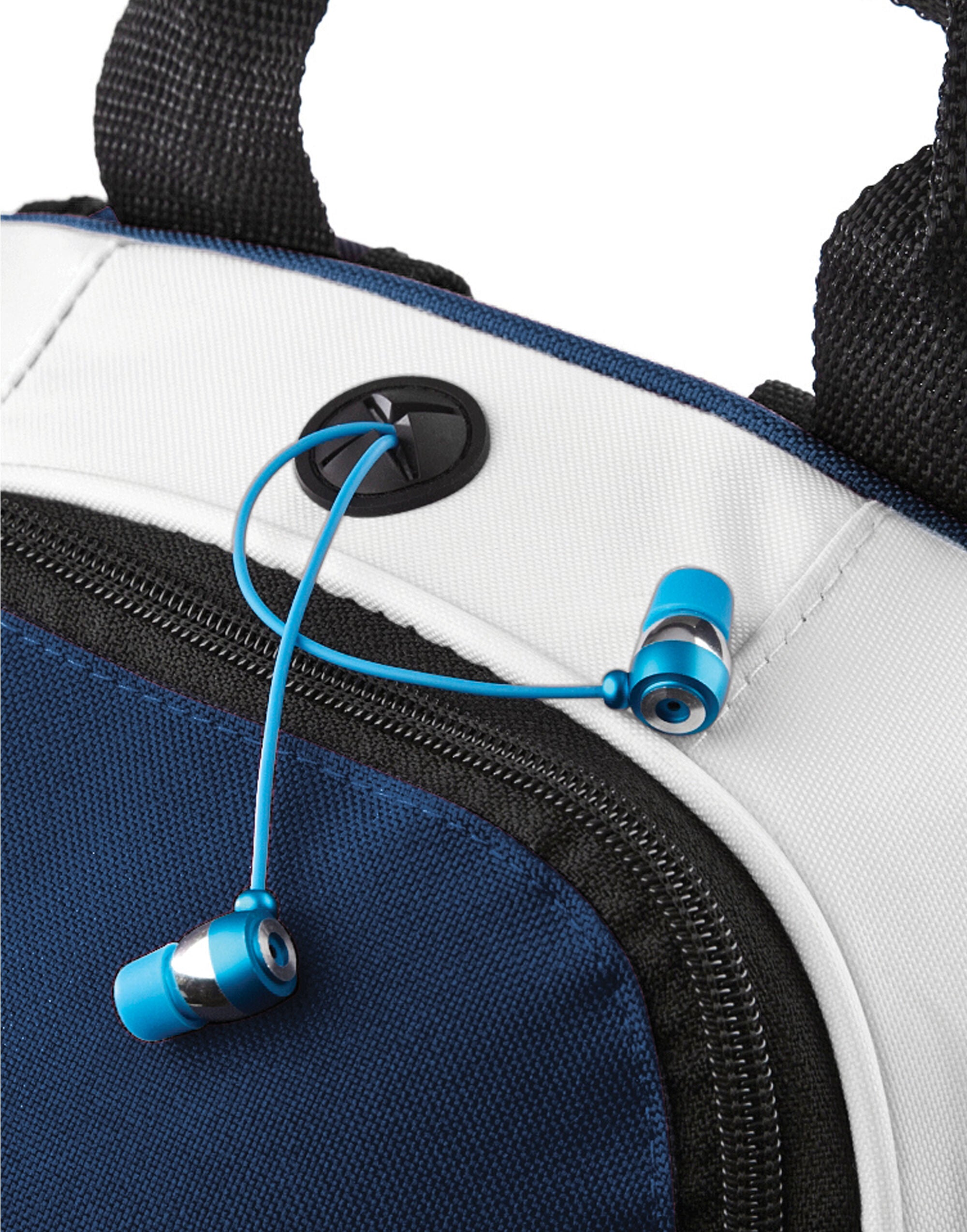 Three-quarter perspective of the French navy Bagbase Teamwear Backpack.