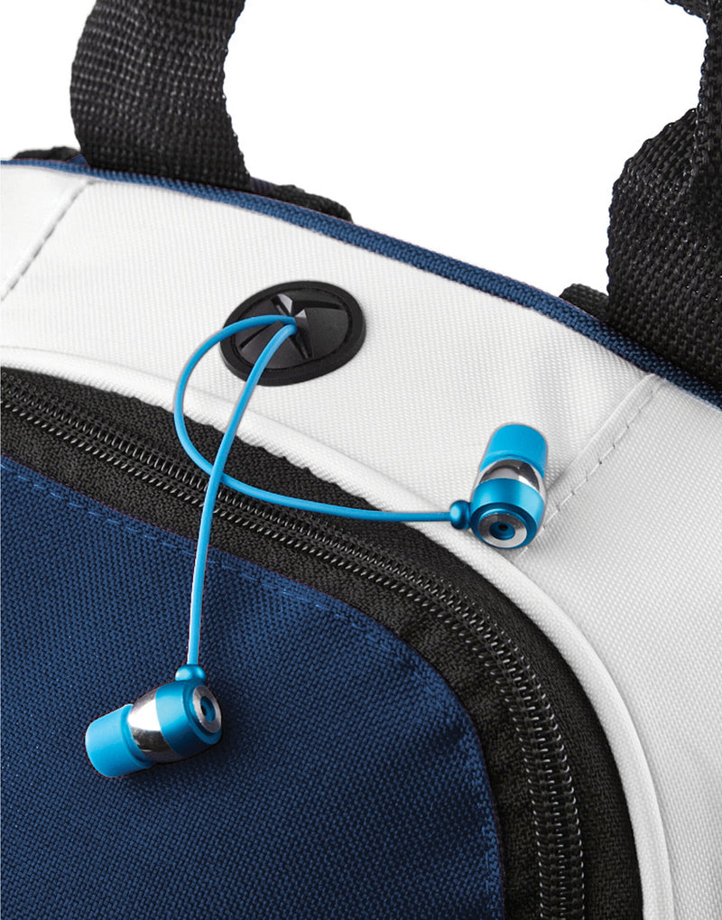 Three-quarter perspective of the French navy Bagbase Teamwear Backpack.