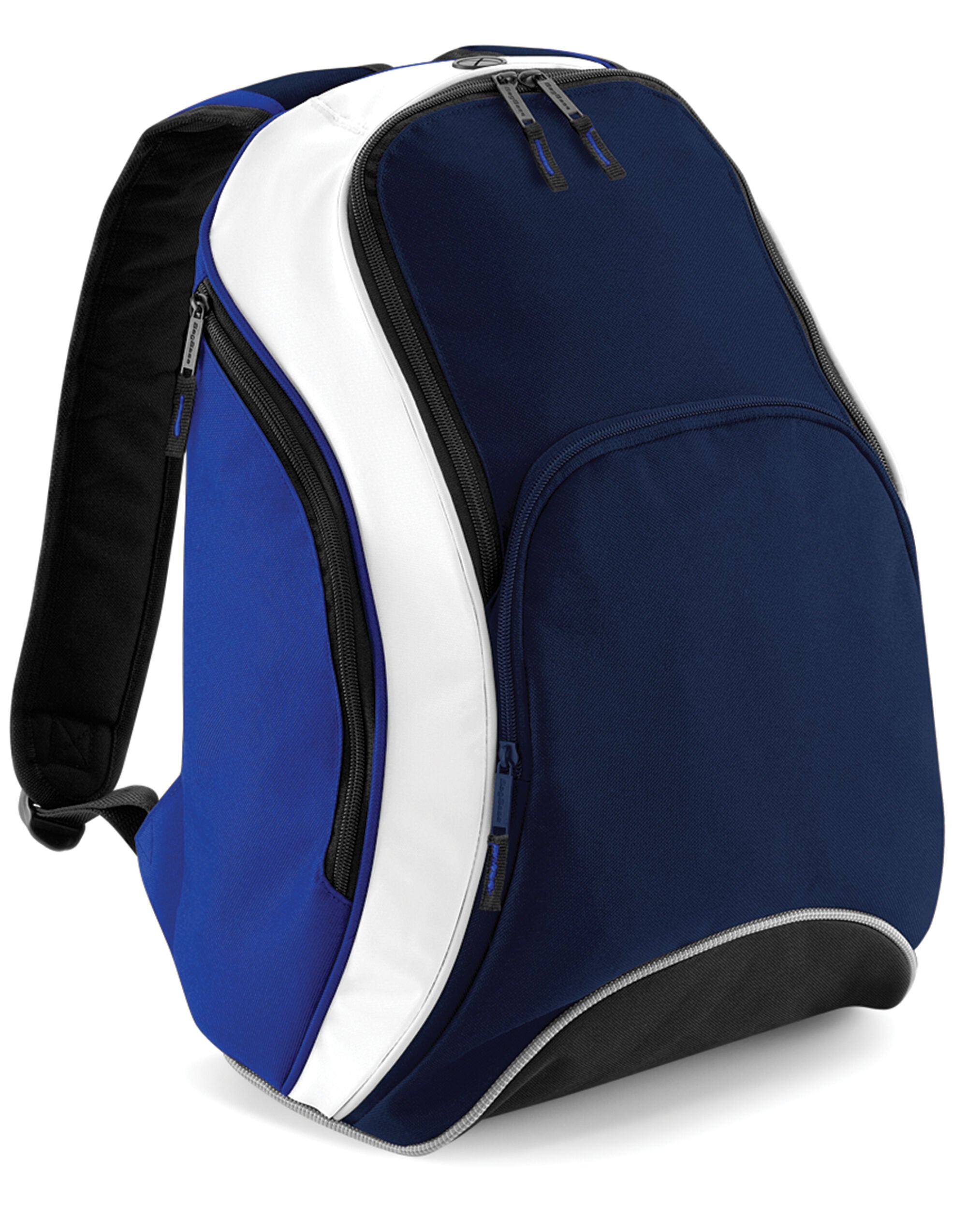 Frontal shot of the black Bagbase Teamwear Backpack, a durable and essential everyday bag.