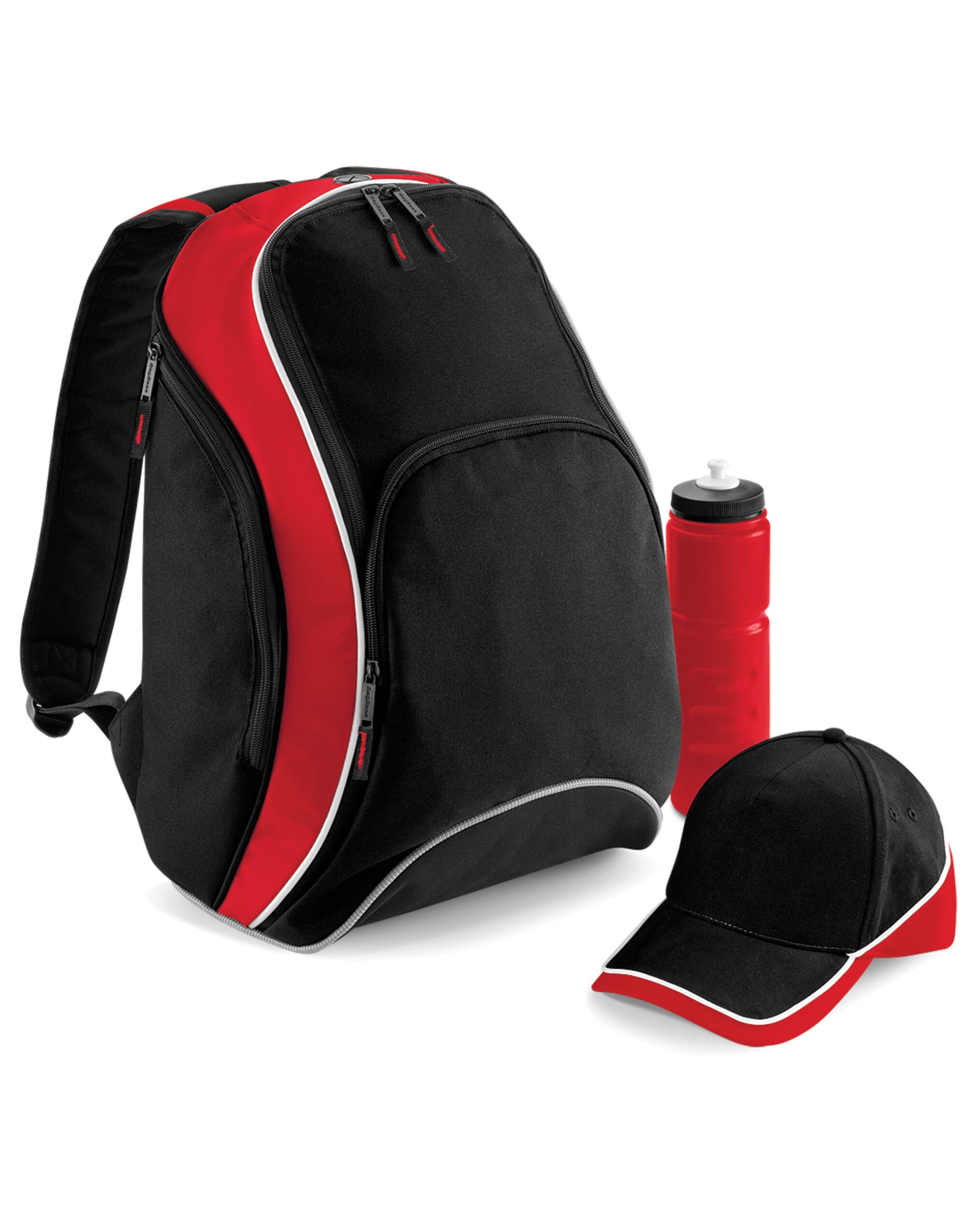 Front view of the Bagbase Teamwear Backpack in black, featuring a large main compartment and front pocket.
