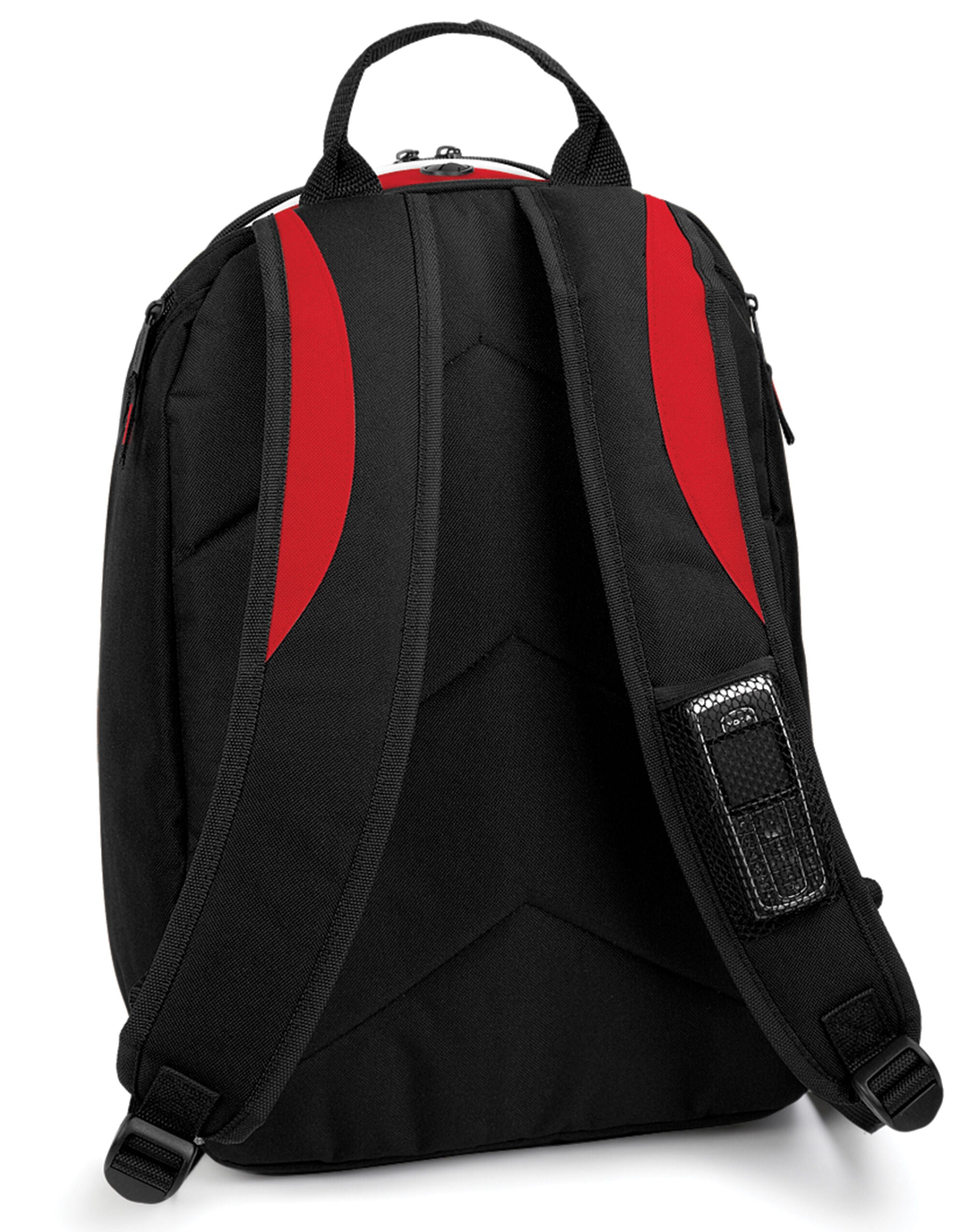 Angled view of the royal blue Bagbase Teamwear Backpack, highlighting the side mesh pocket for a water bottle.