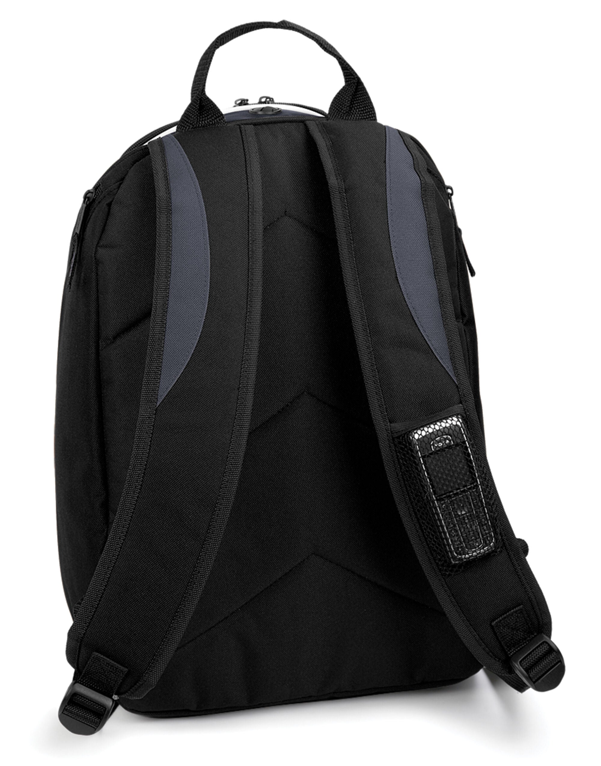 A crisp white Bagbase Teamwear Backpack with black accents, offering a clean and modern look.