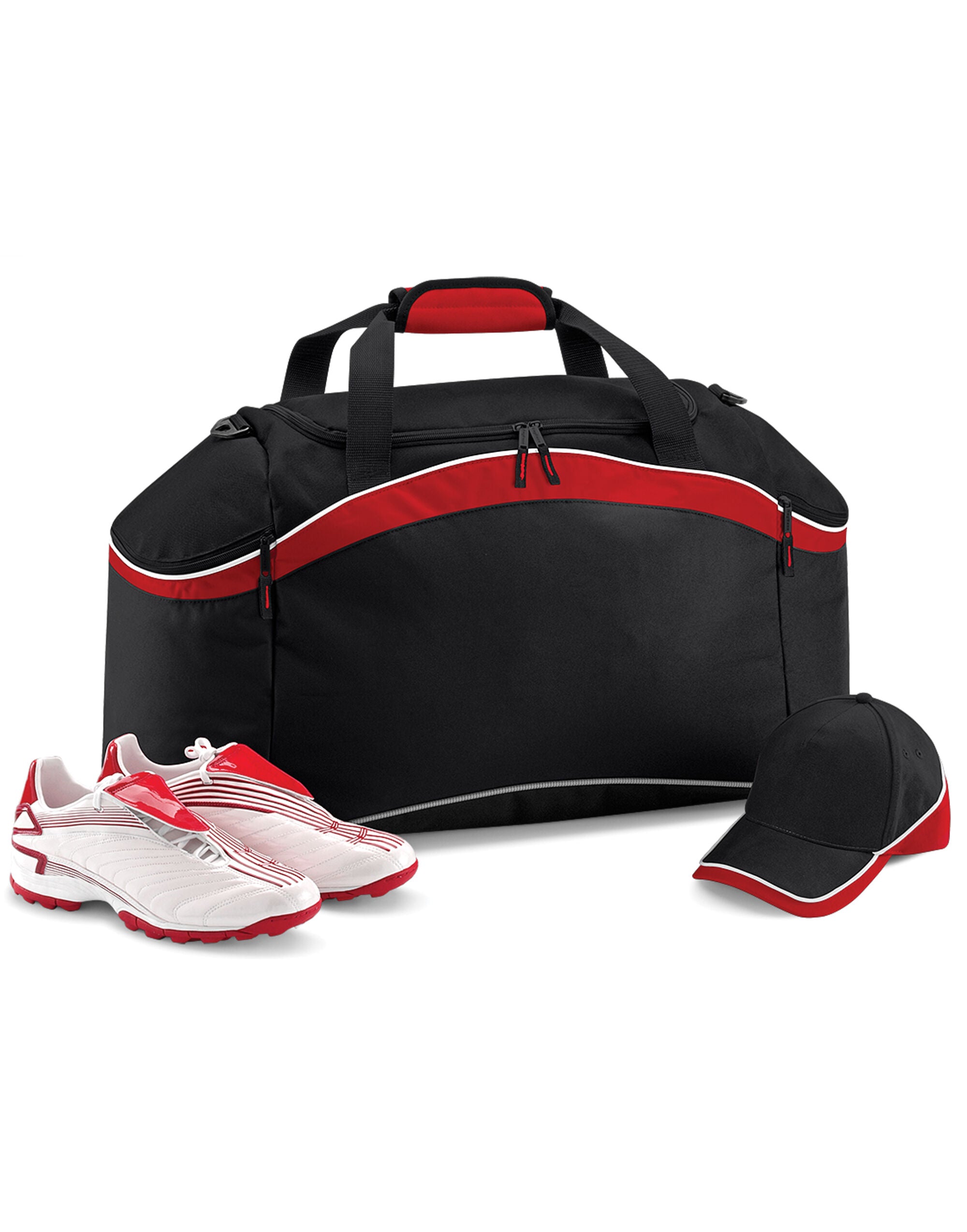Front view of the large Bagbase Teamwear Holdall in black, with a detachable, adjustable shoulder strap.