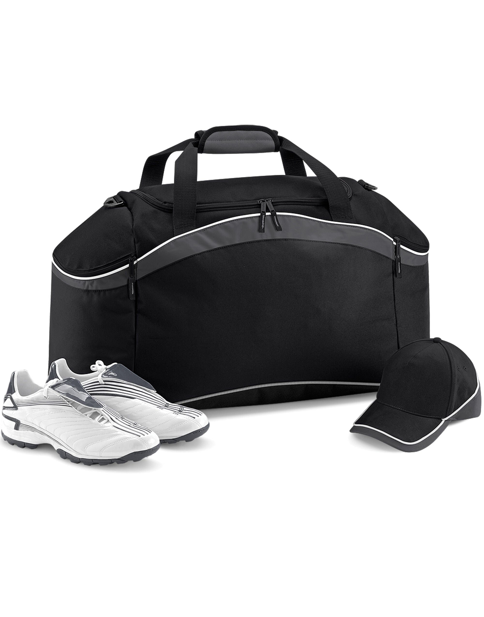 Close-up of the webbing carry handles with a padded grip on the black Bagbase Teamwear Holdall.