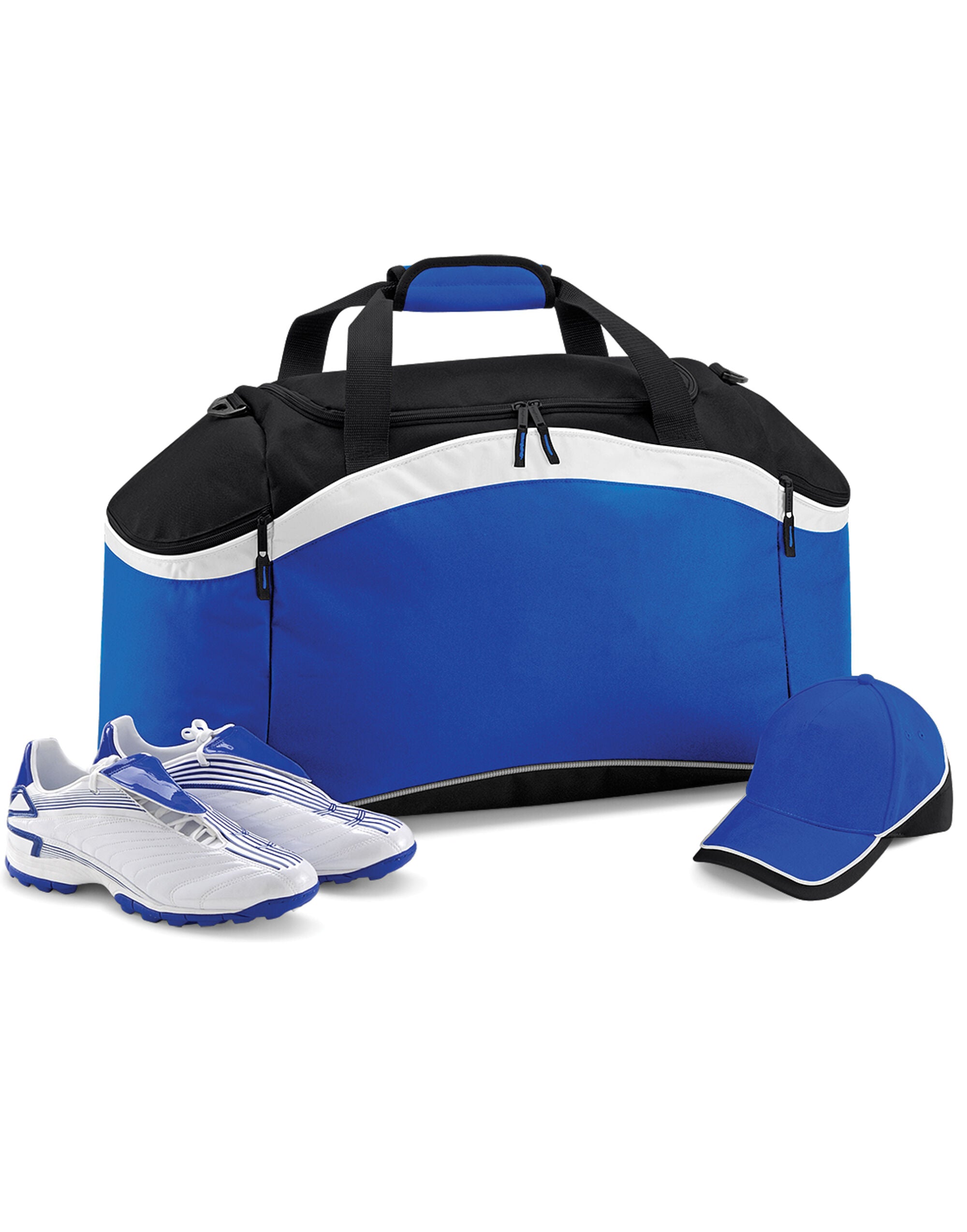 Frontal view of the black Bagbase Teamwear Holdall, a versatile and essential bag for any team.