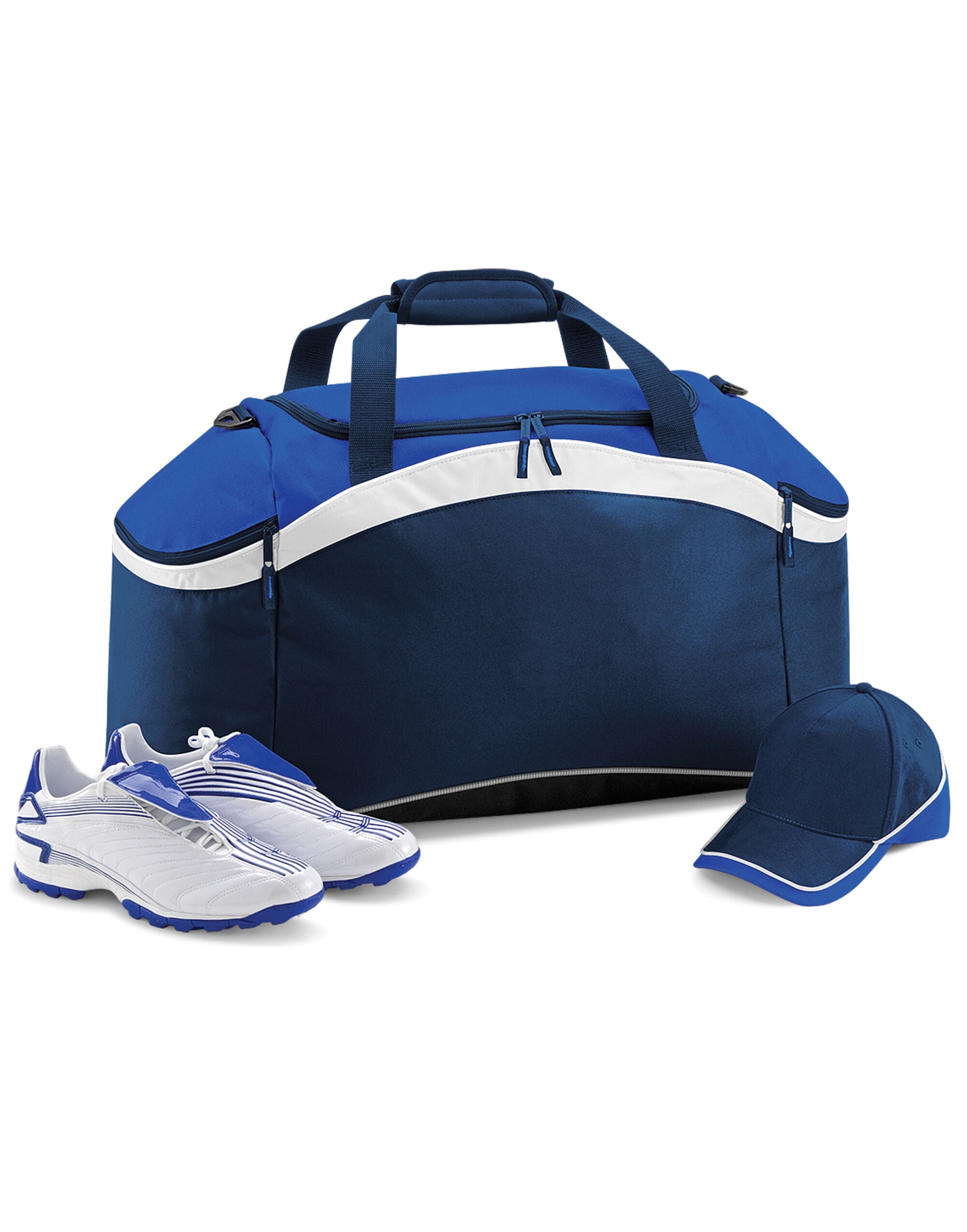 Full shot of the navy Bagbase Teamwear Holdall, perfect for showcasing its overall design.
