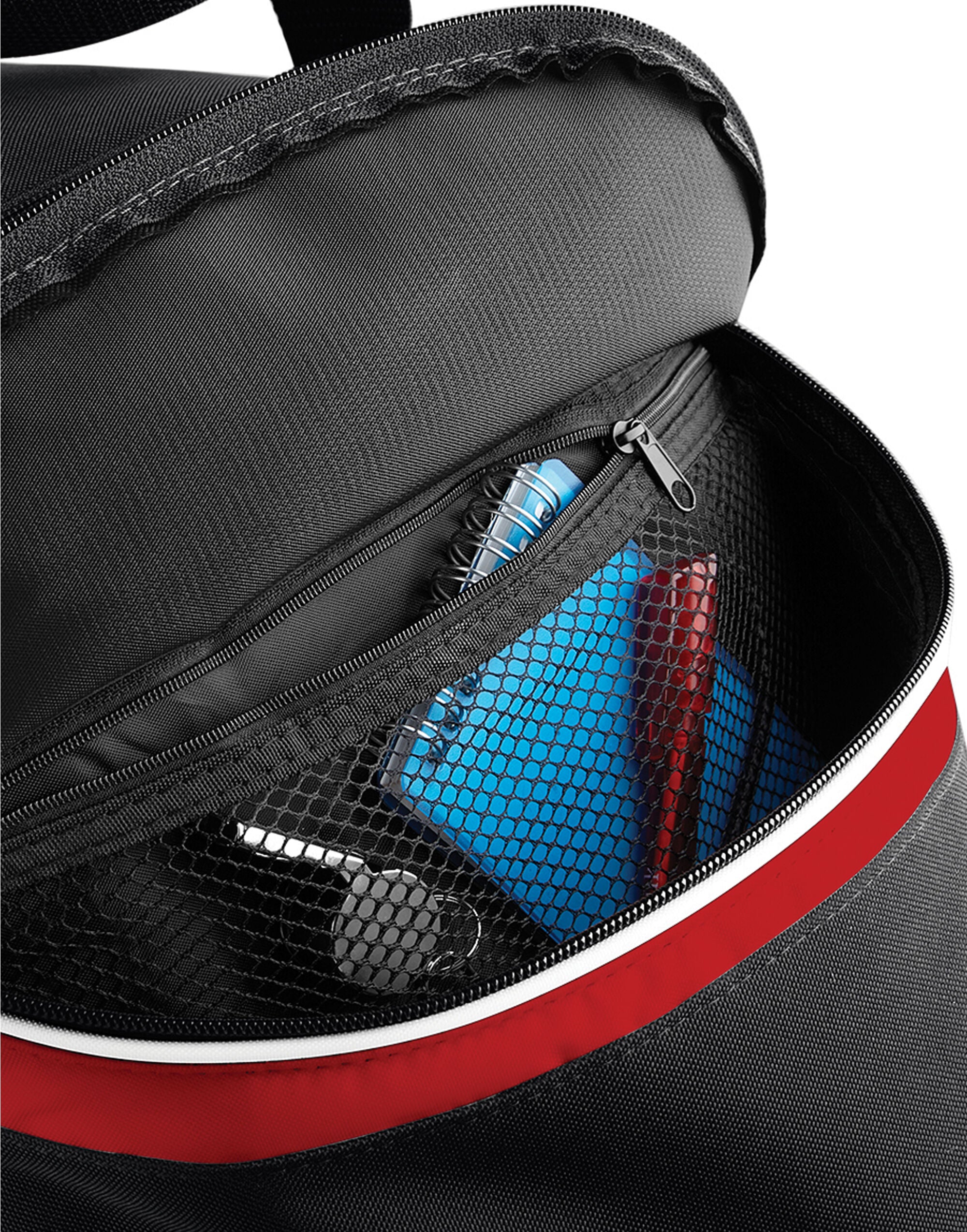 Side view of the royal blue Bagbase Teamwear Holdall, highlighting the zippered end pocket for extra storage.