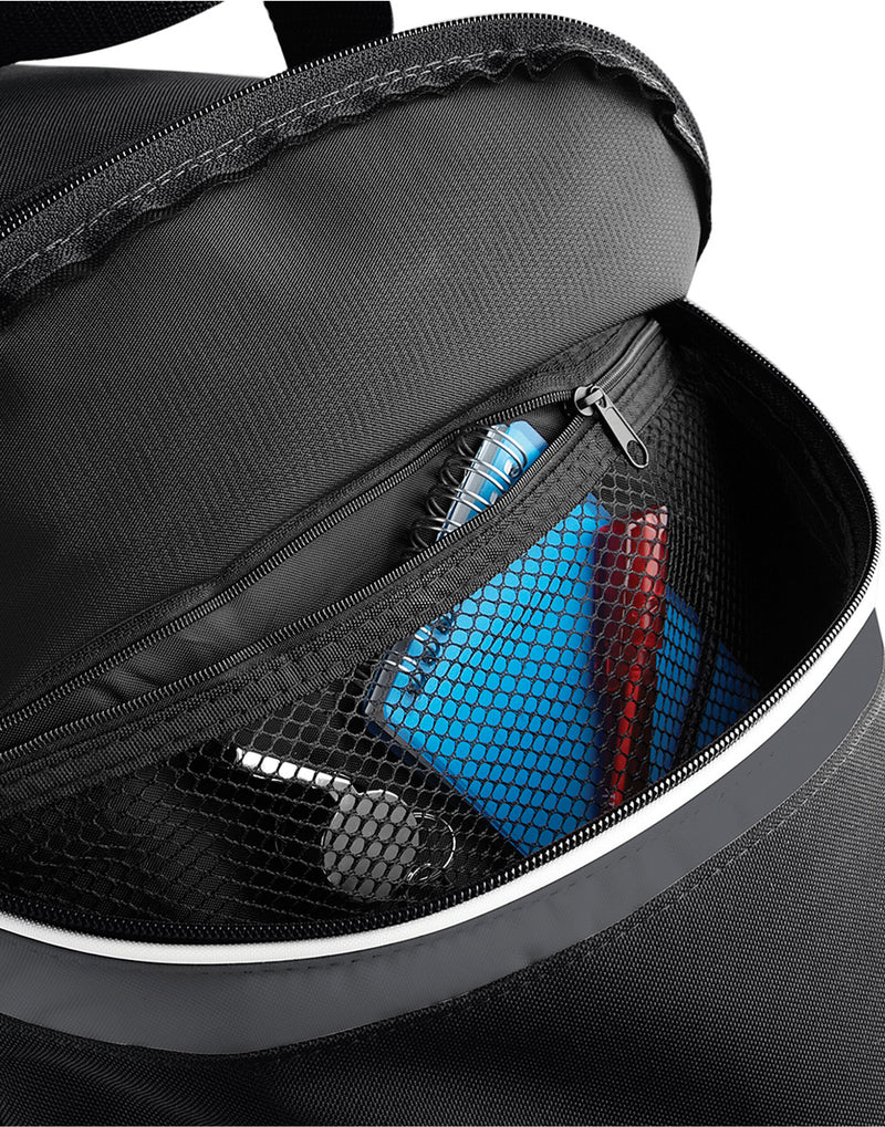 Detail of the protective base feet on the bottom of the royal blue Bagbase Teamwear Holdall.