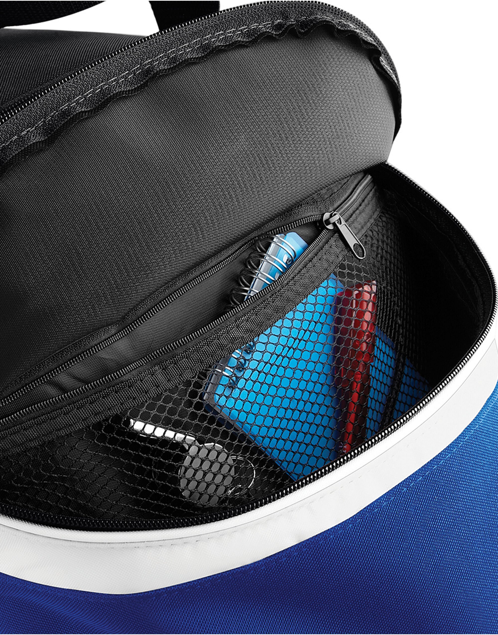 The royal blue Bagbase Teamwear Holdall, shown with its main compartment unzipped to show the interior.