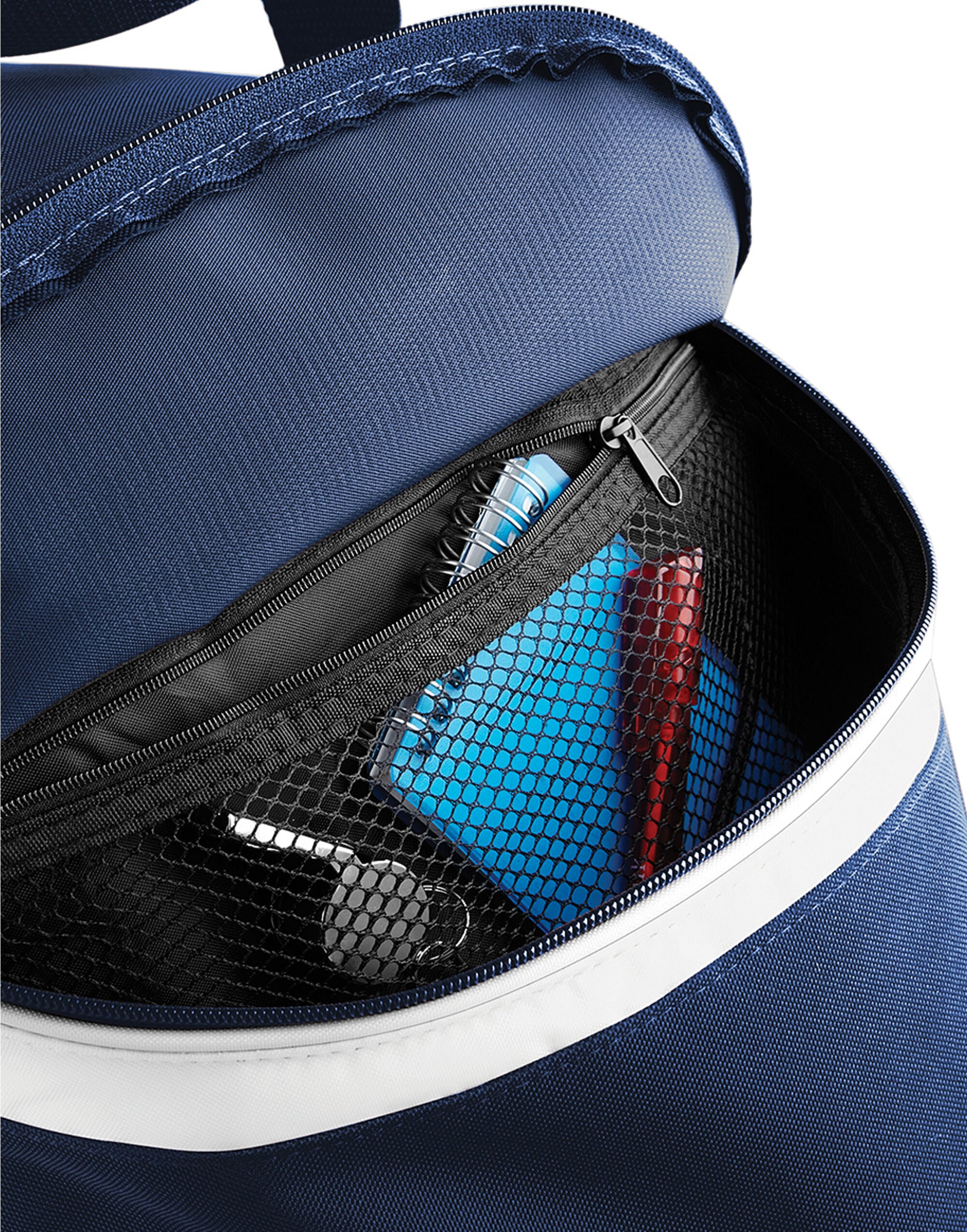 The red Bagbase Teamwear Holdall's zippered front pocket, ideal for storing smaller items.