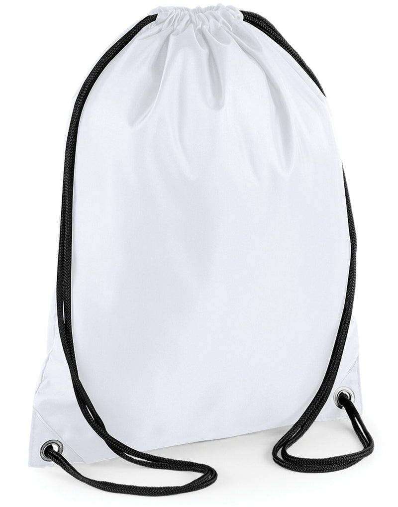 Three-quarter view of the classic navy blue Bagbase Budget Gymsac, a versatile and affordable choice.