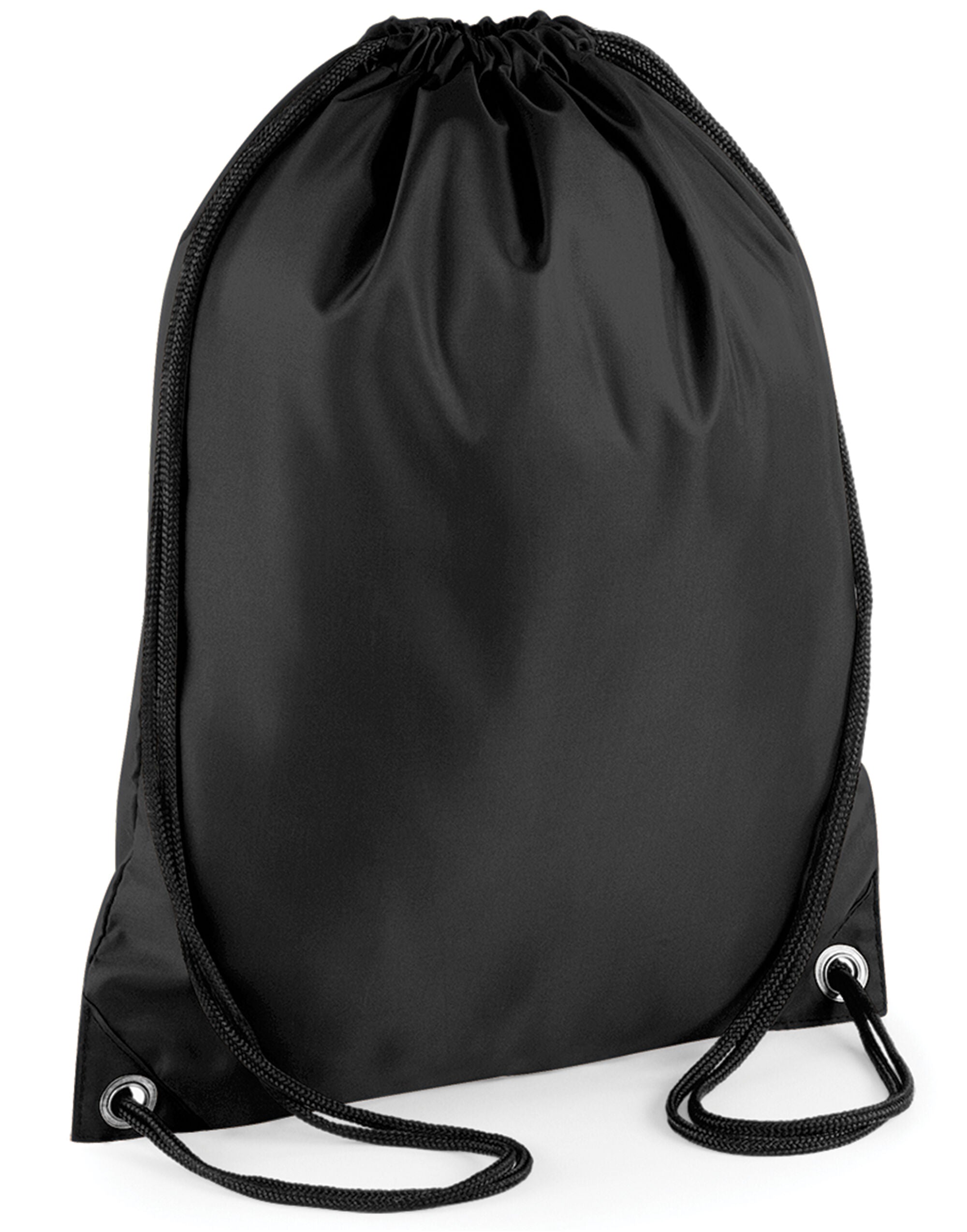 Front view of the Bagbase Budget Gymsac in a classic black, featuring drawstring straps.