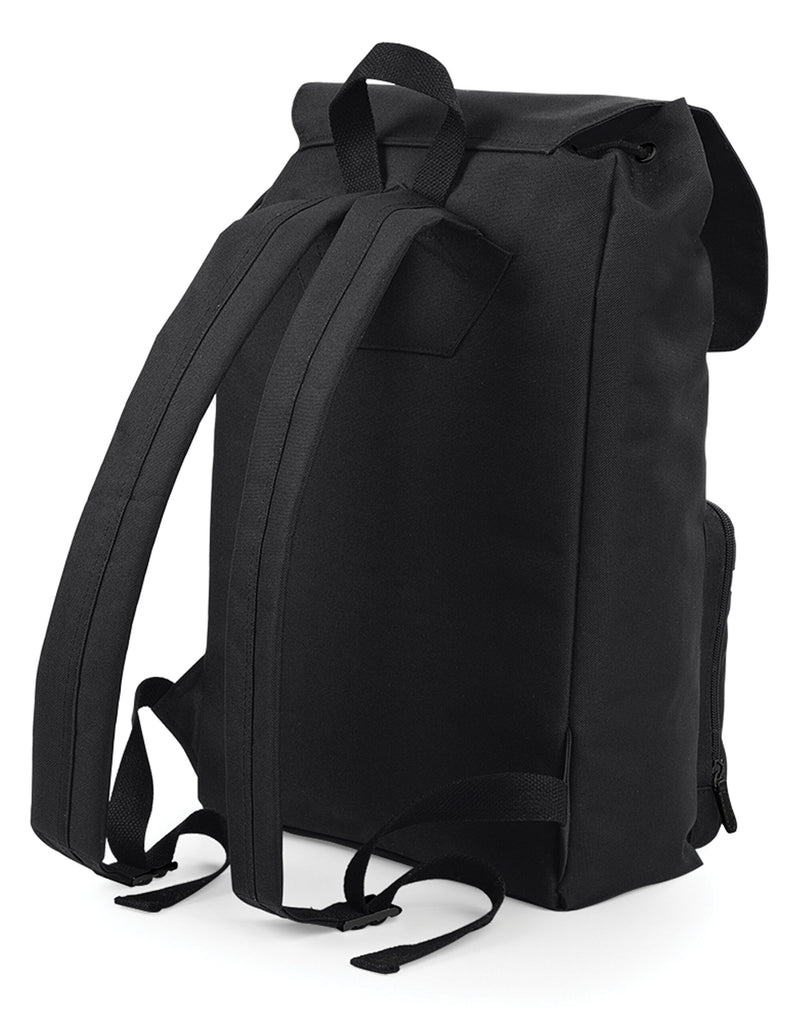 Close-up of the genuine leather accents and buckle details on the vintage-style backpack.
