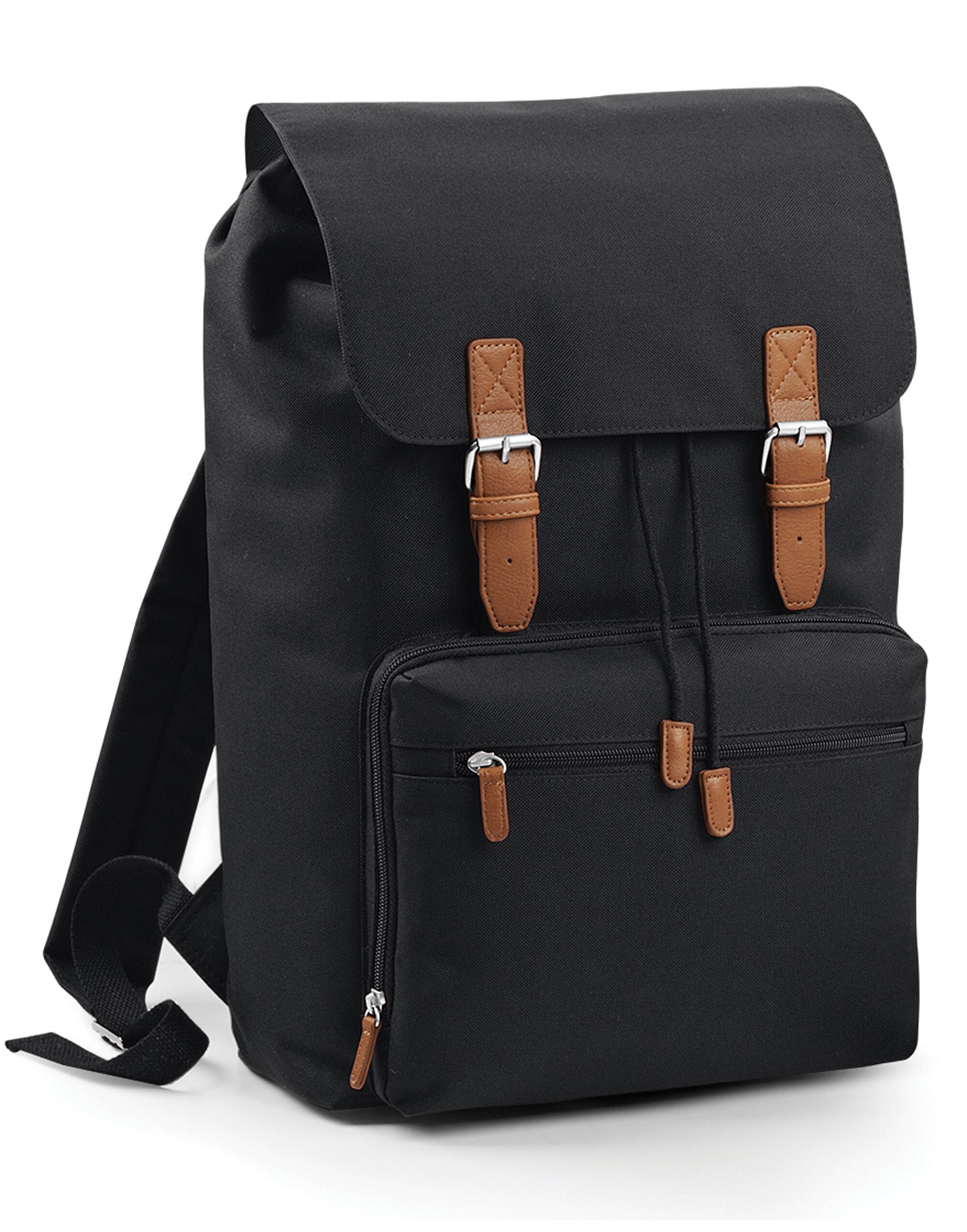 Front view of the Bagbase Vintage Laptop Backpack in black, featuring antique brass effect fittings.