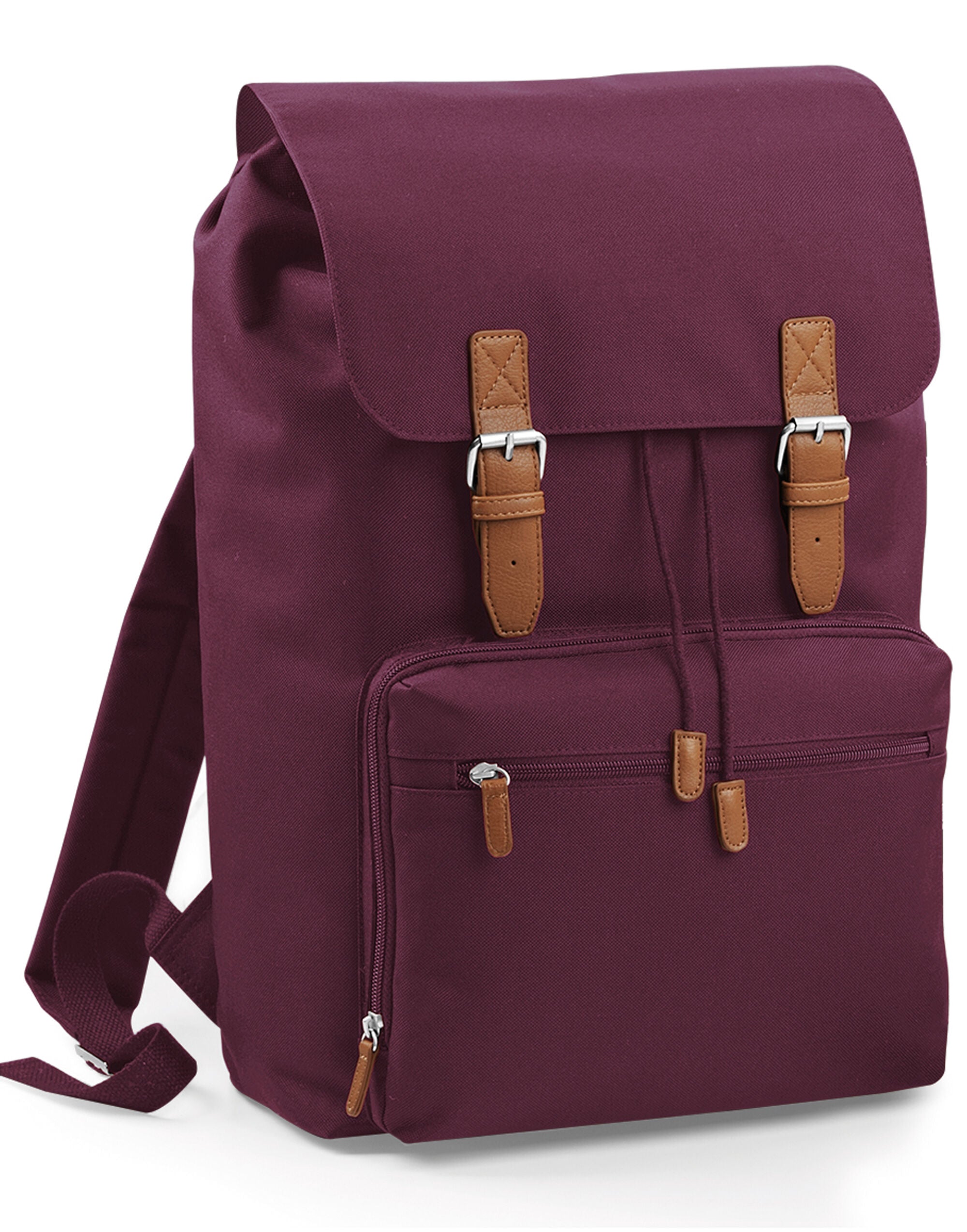 Three-quarter shot of the caramel Bagbase Vintage Laptop Backpack, emphasizing its retro aesthetic.