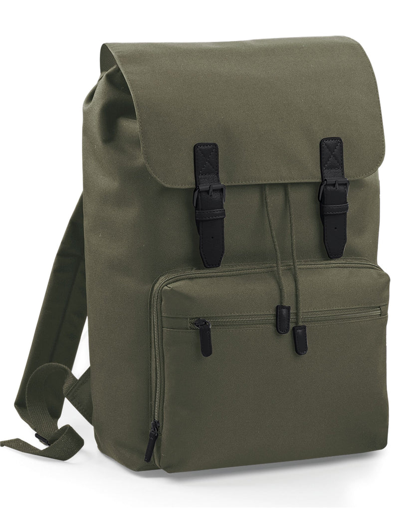 Angled front view of the black Bagbase Vintage Laptop Backpack against a neutral background.