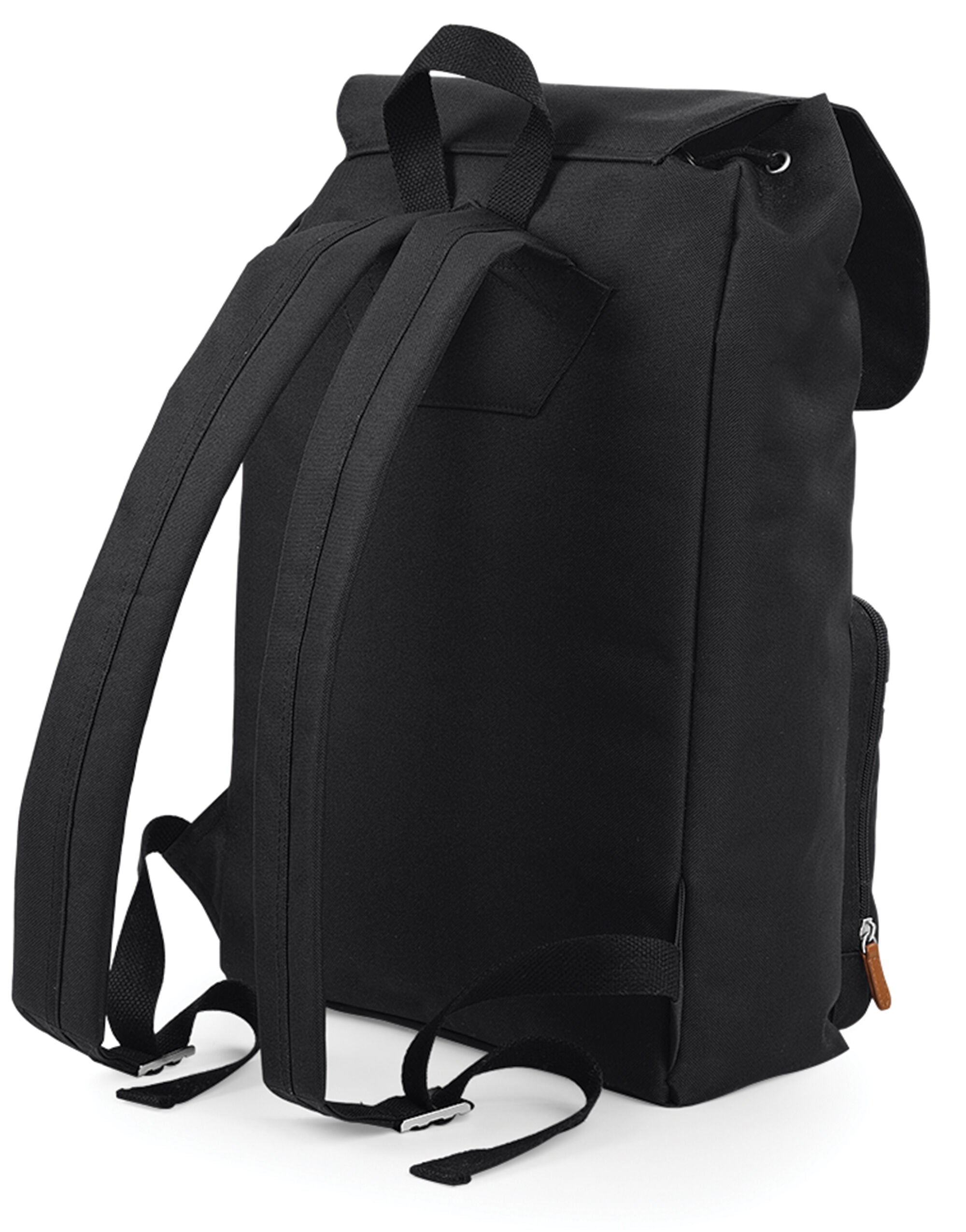 Back view of the black Bagbase Vintage Laptop Backpack, displaying the padded adjustable shoulder straps.