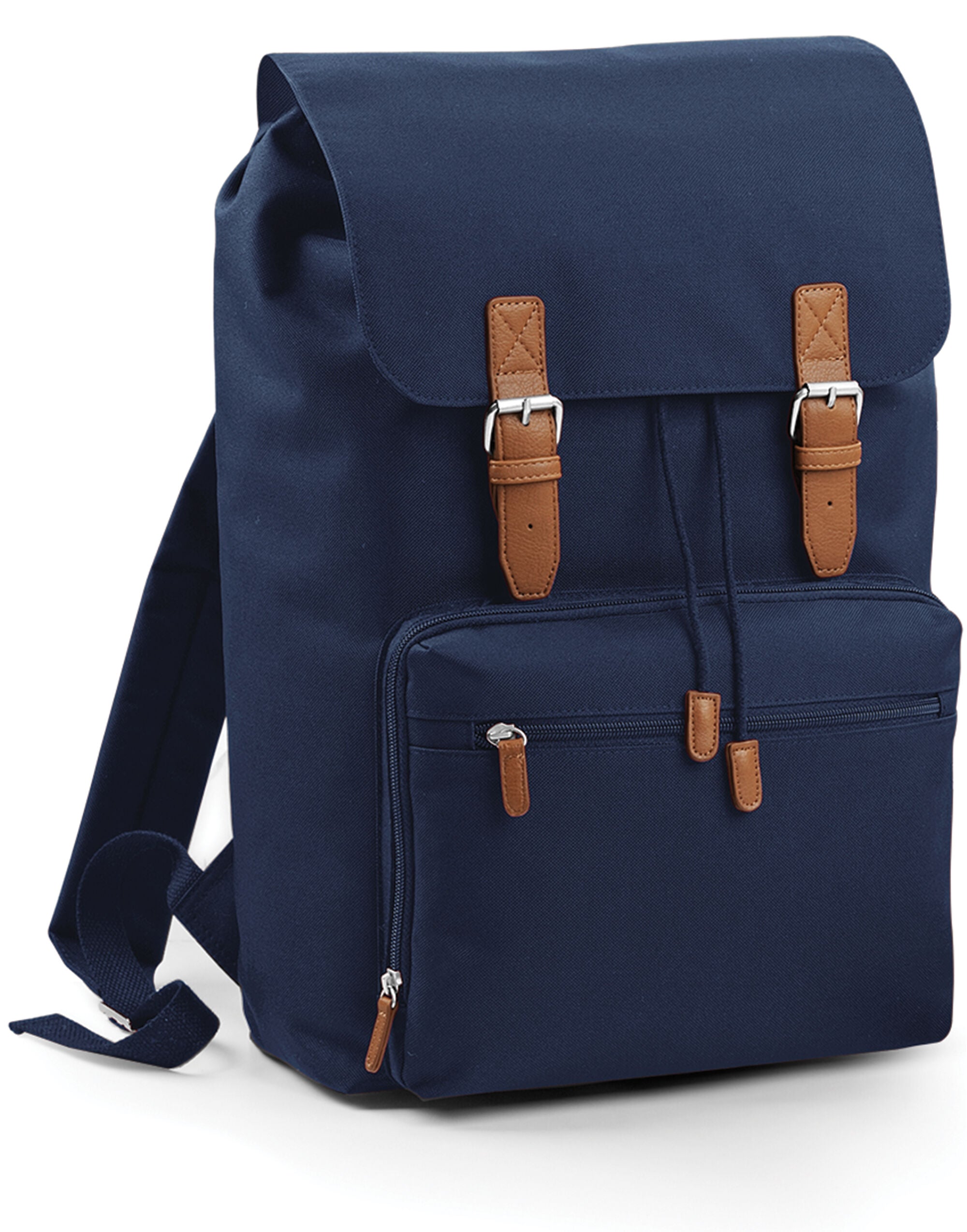 Front view of the military green Bagbase Vintage Laptop Backpack, a stylish choice for daily use.