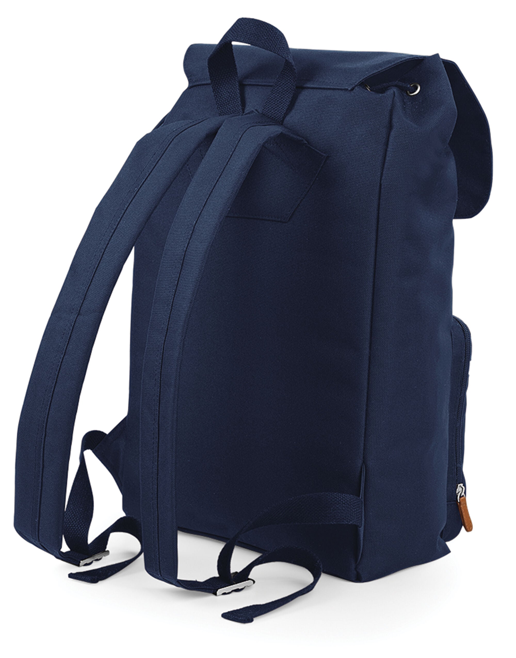 The Bagbase Vintage Laptop Backpack in a classic navy blue, shown with its front pocket visible.