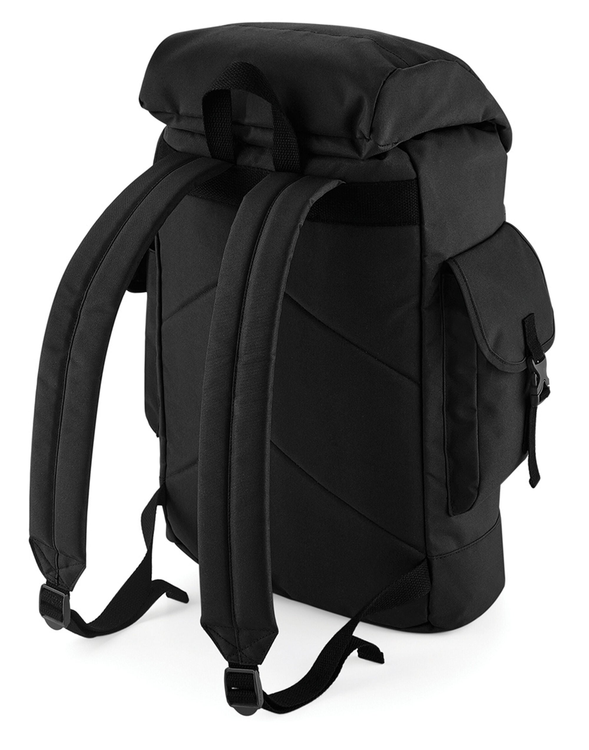 Side profile of the backpack, illustrating its depth and the easy-access side zippered pocket.