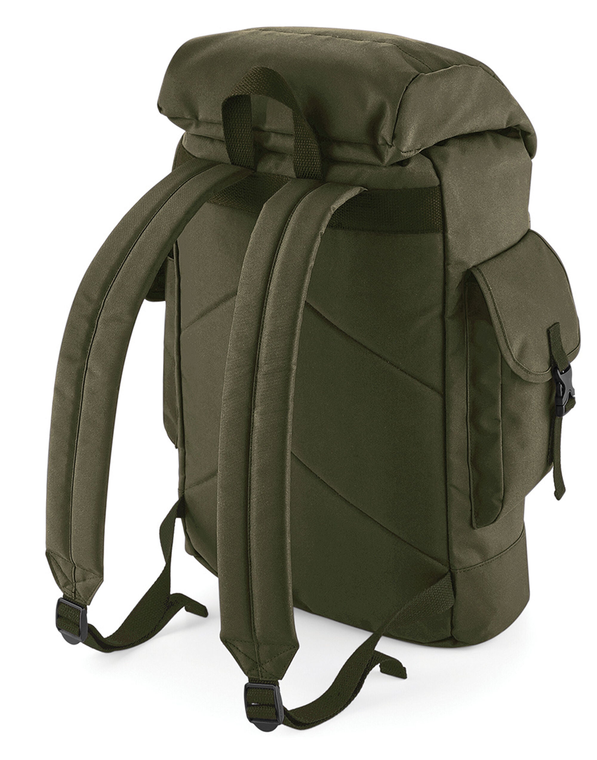 Close-up of the faux leather accents and antique brass effect fittings on the Urban Explorer Backpack.