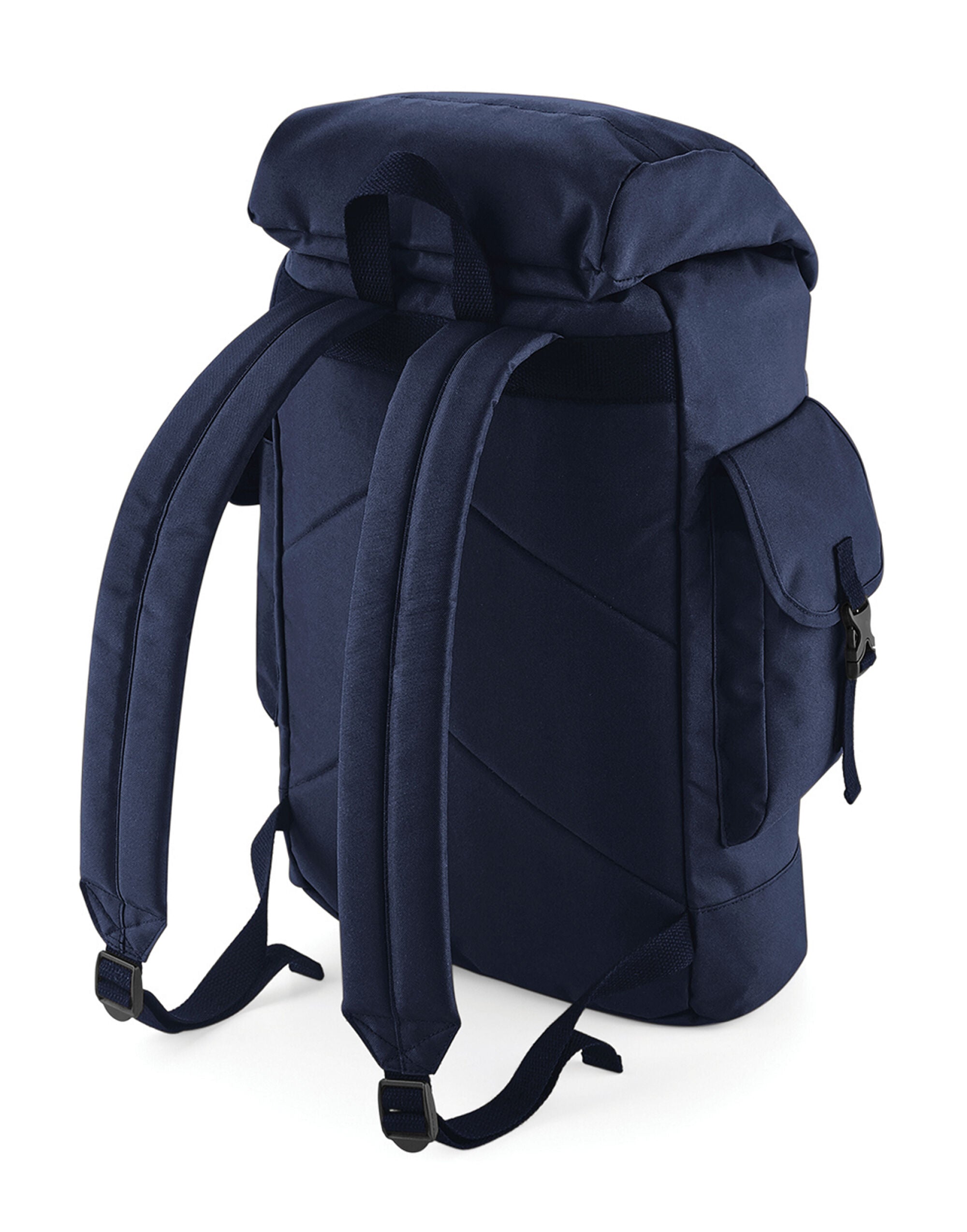 Three-quarter view of the navy and tan Bagbase Urban Explorer Backpack, showcasing its classic design.