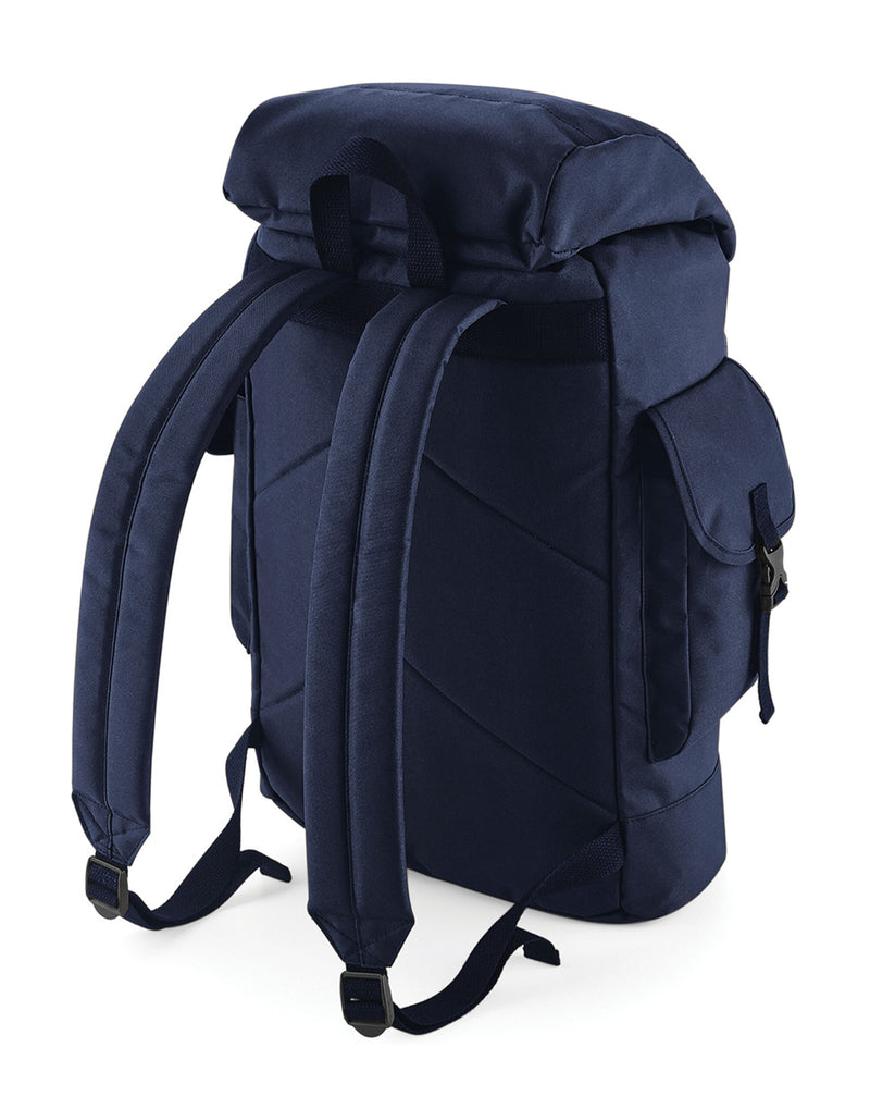 Three-quarter view of the navy and tan Bagbase Urban Explorer Backpack, showcasing its classic design.