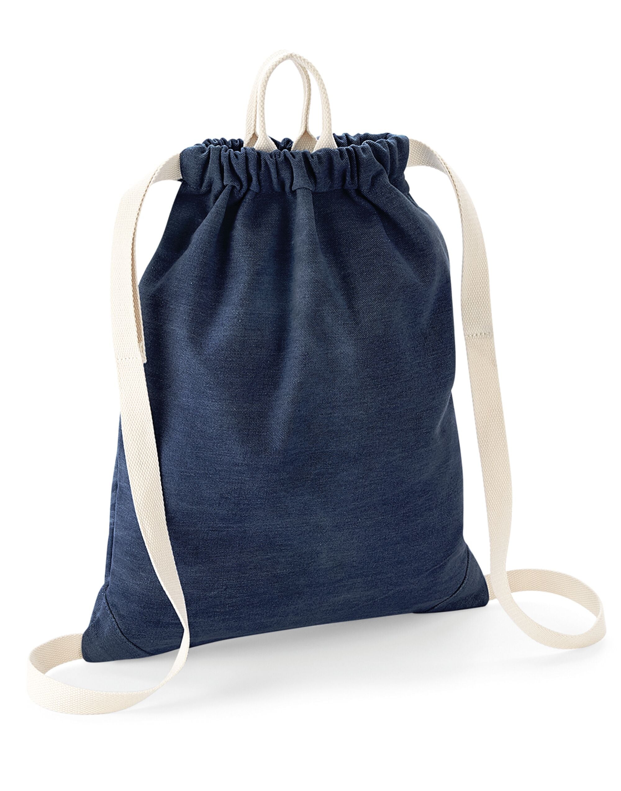 Front view of the Bagbase Denim Gymsac in a classic blue denim wash, with cotton rope drawcords.
