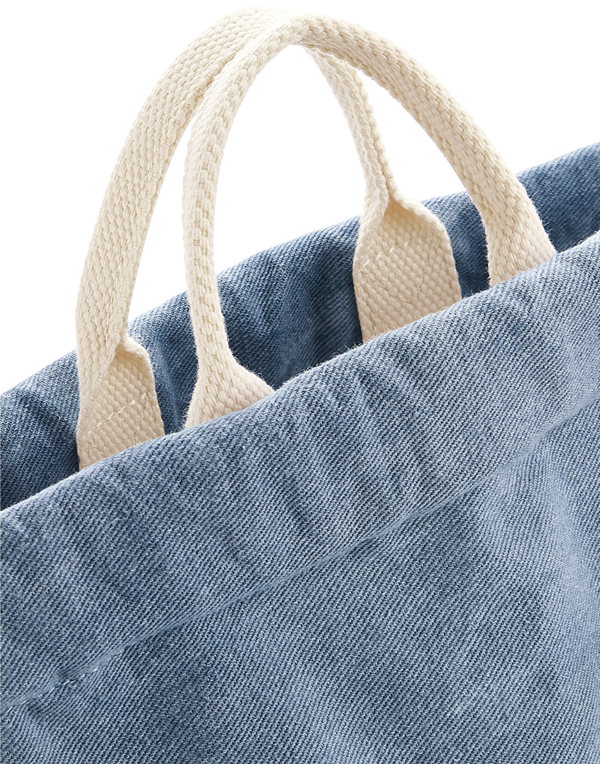 Detail of the cotton rope drawcord closure on the Bagbase Denim Gymsac.