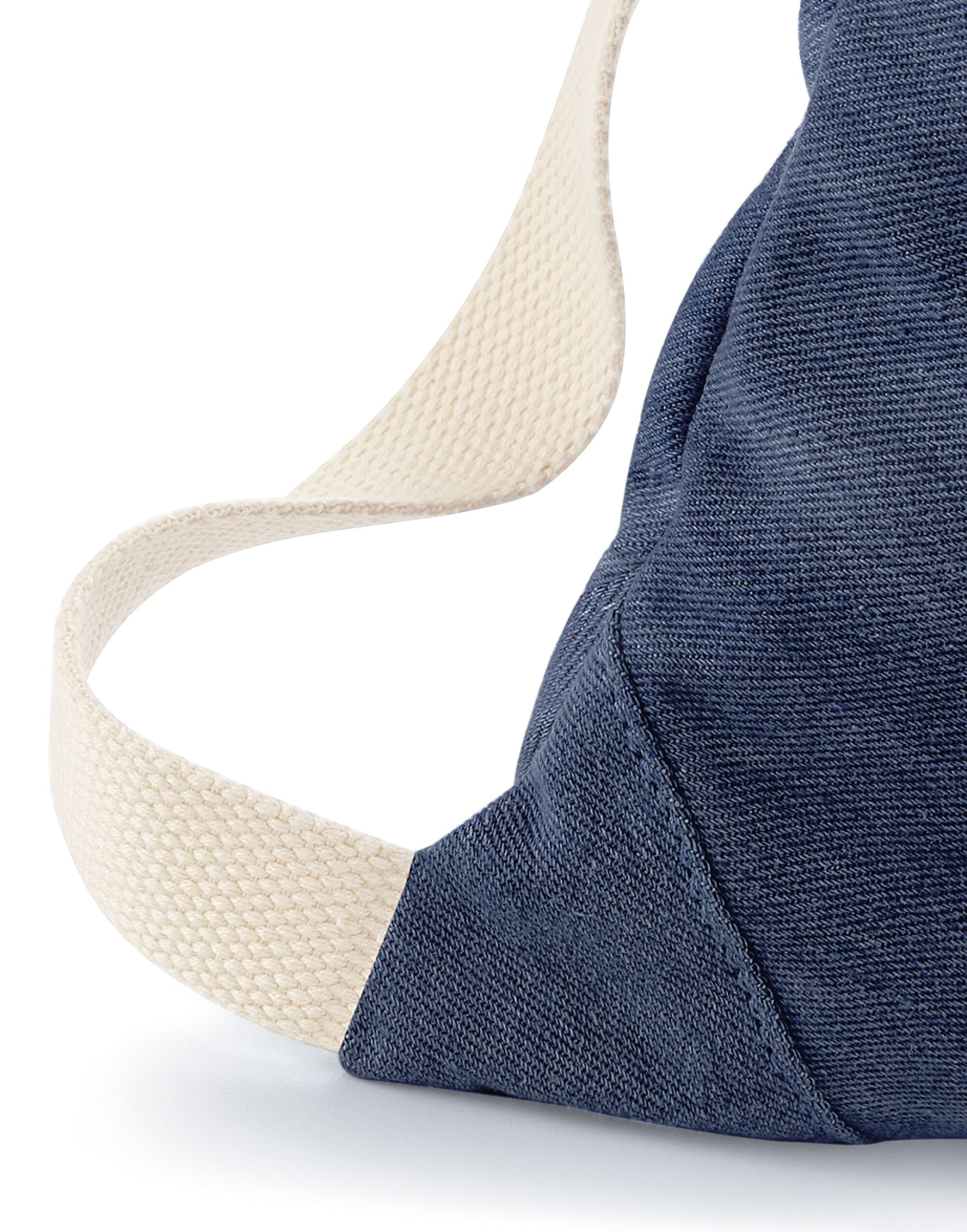 The blue denim Bagbase Gymsac, laid flat to display its simple and effective design.