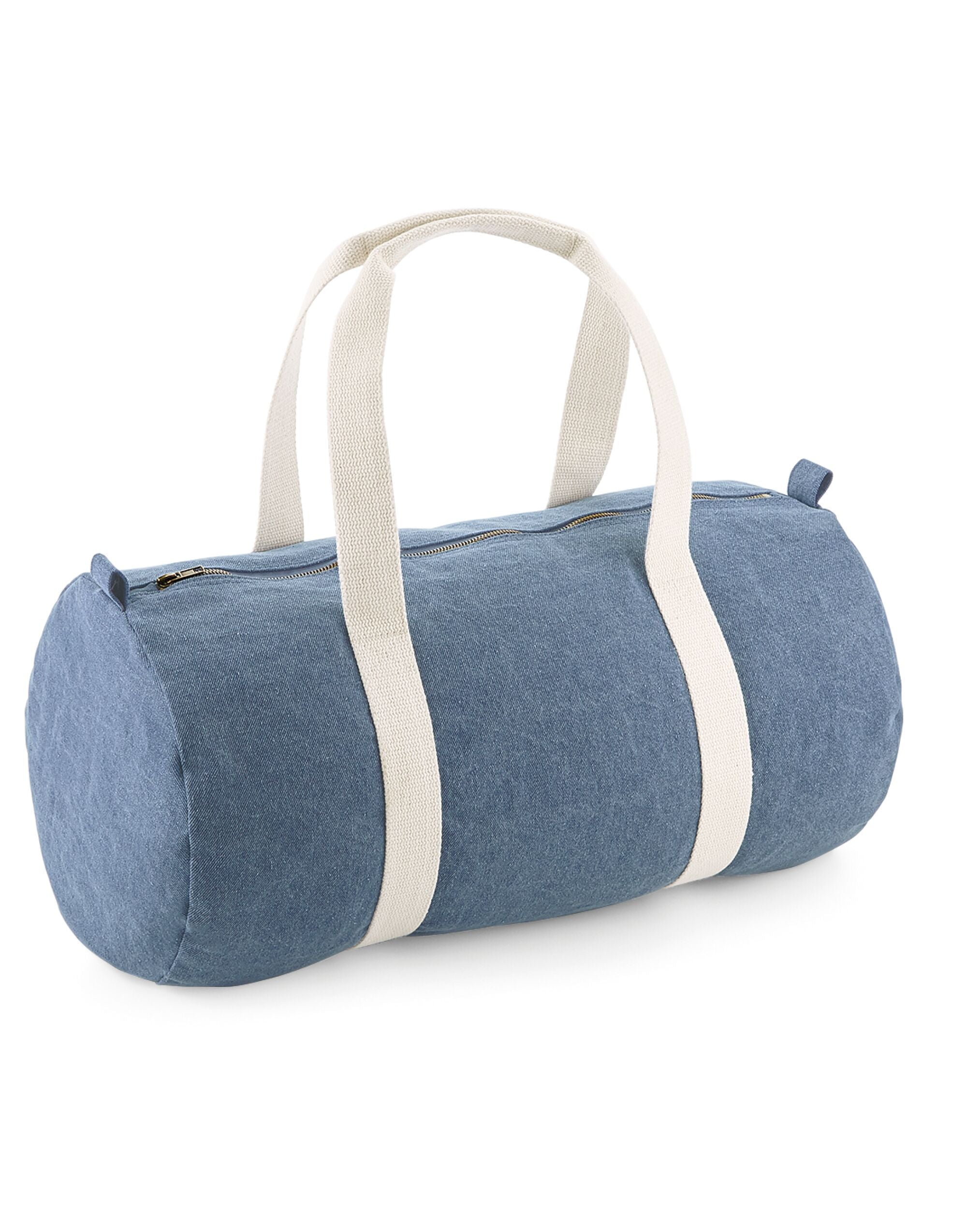 The Bagbase Denim Barrel Bag with its adjustable, detachable shoulder strap for versatile carrying options.