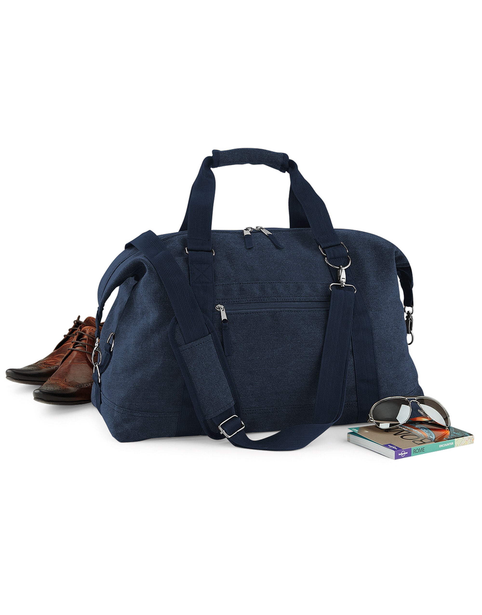 A full frontal shot of the navy Bagbase Vintage Canvas Weekender on a white background.