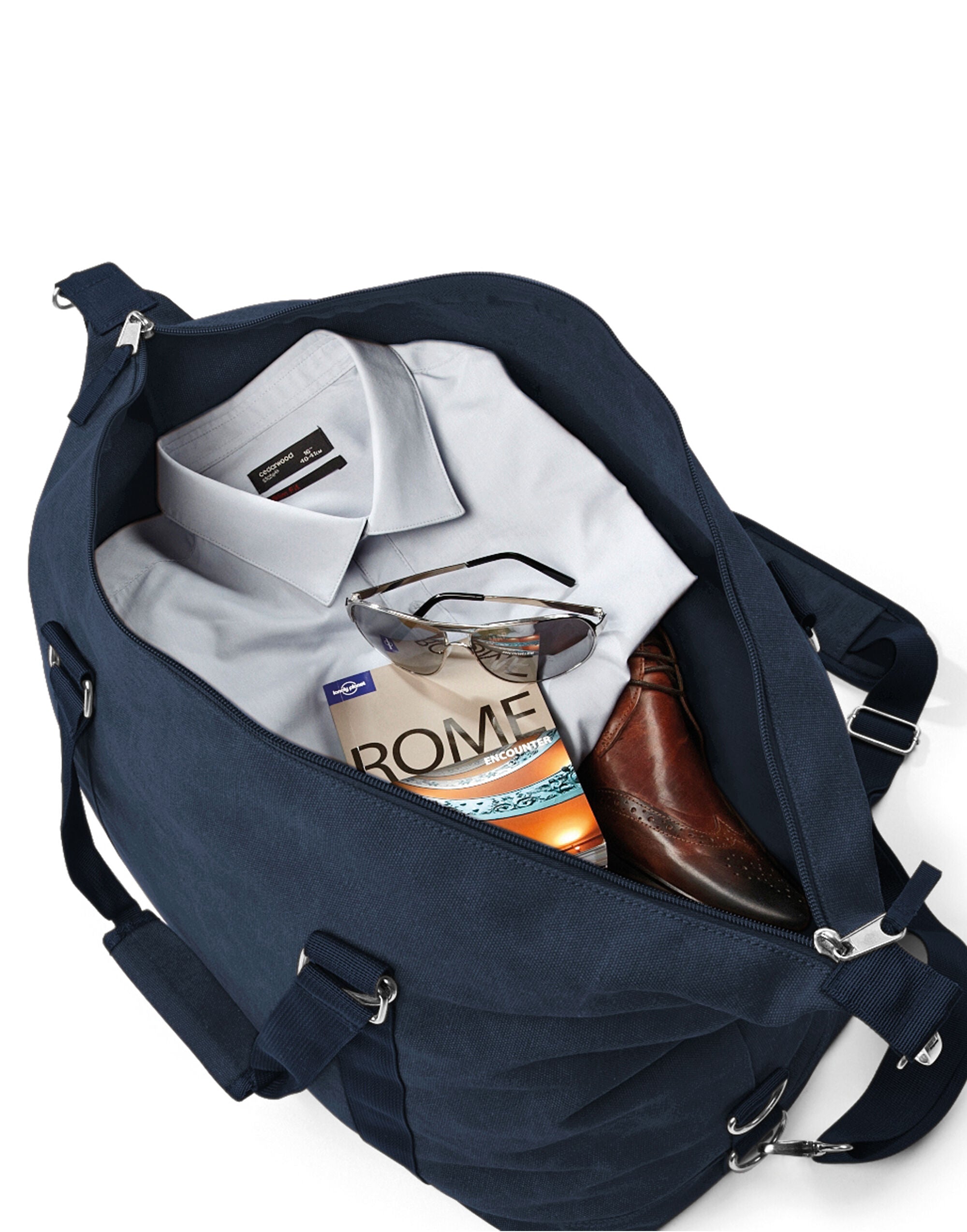 The black Bagbase Vintage Weekender, shown empty to illustrate its structure and shape.