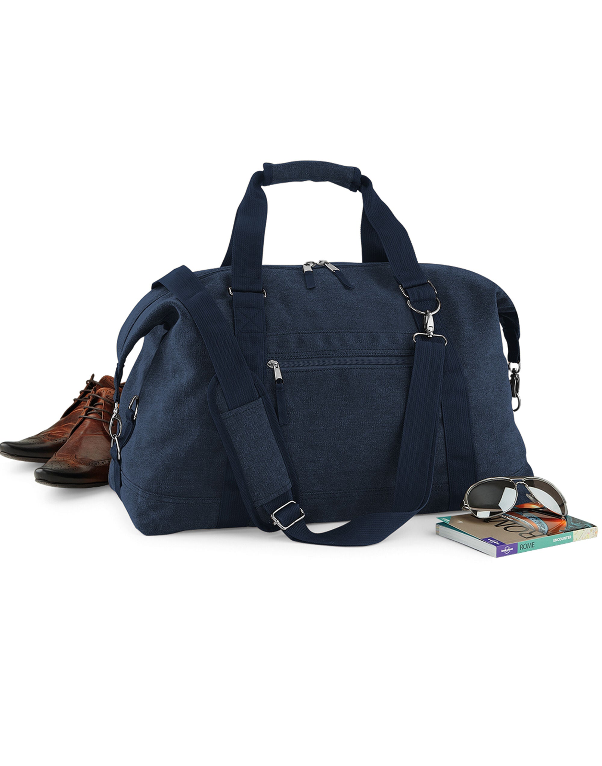 A clear studio shot of the navy Bagbase Vintage Canvas Weekender, perfect for product showcases.