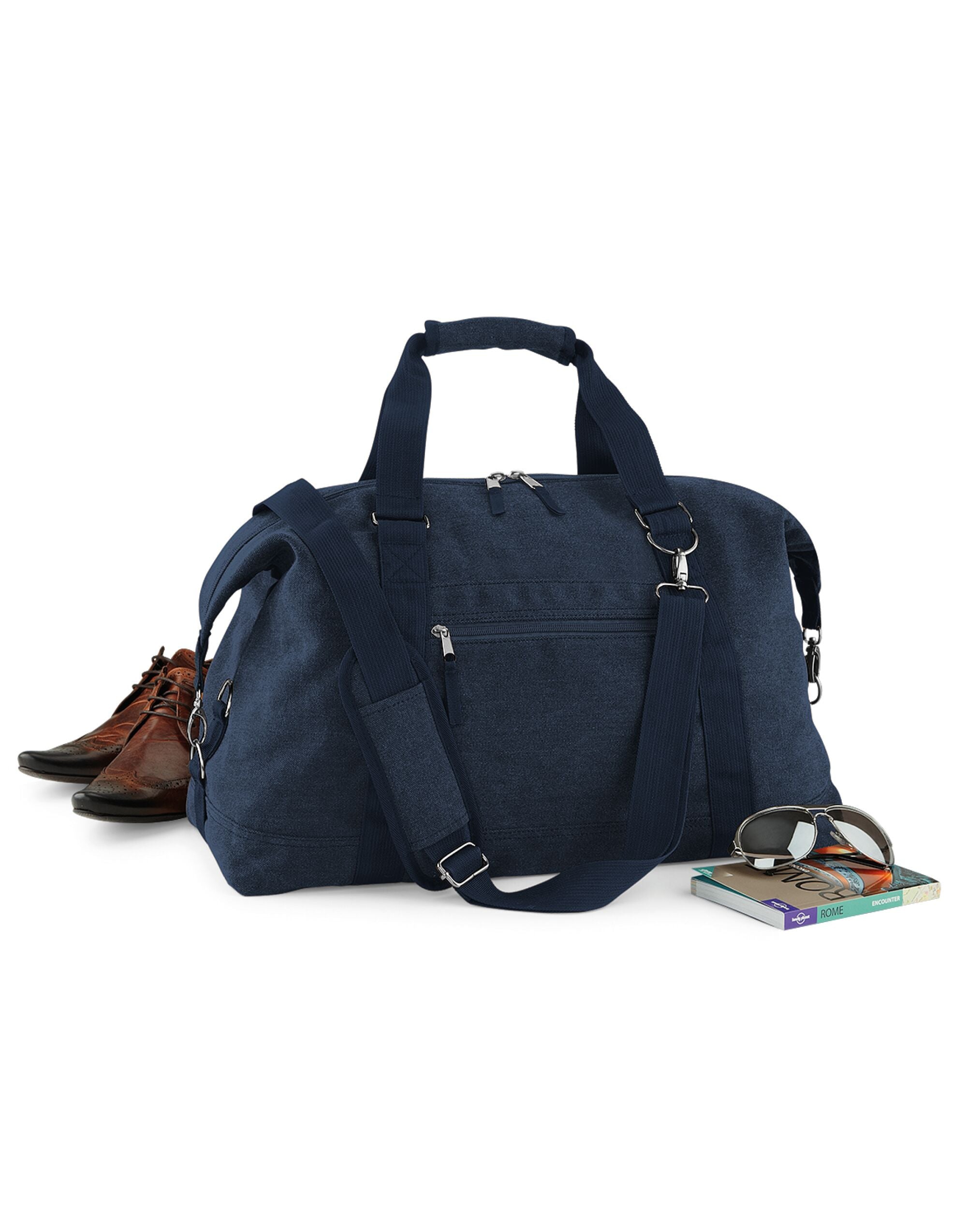 Three-quarter view of the black Bagbase Vintage Canvas Weekender, emphasizing its classic, rugged look.