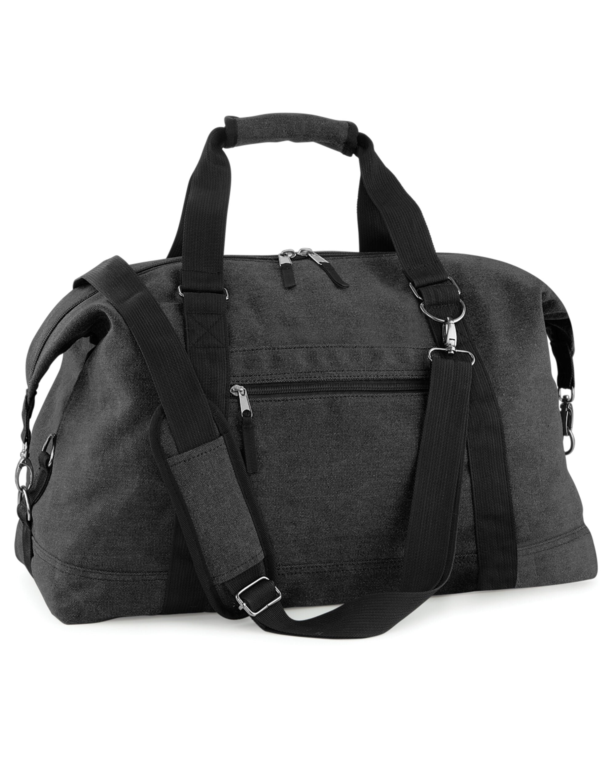 Front view of the Bagbase Vintage Canvas Weekender in black, a large holdall with leather accents.