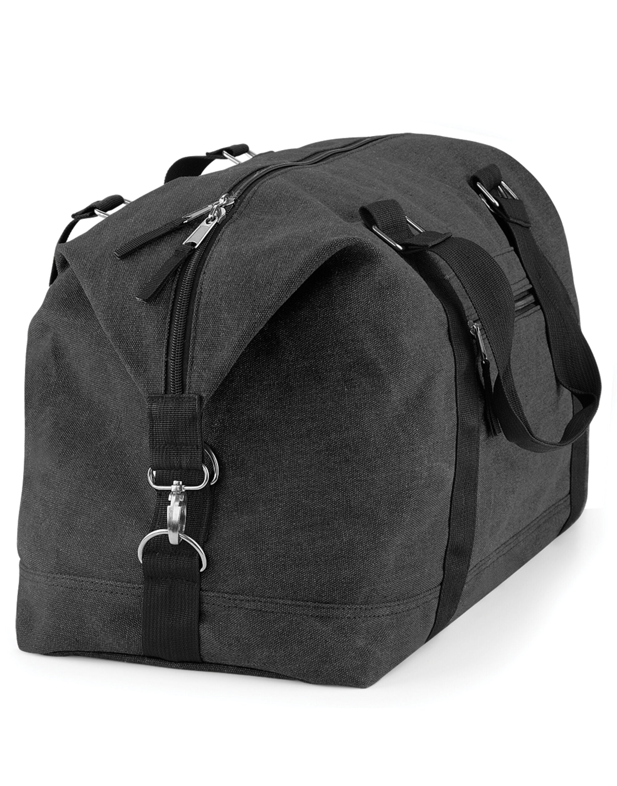The Bagbase Vintage Canvas Weekender in classic navy, shown with its detachable, adjustable shoulder strap.