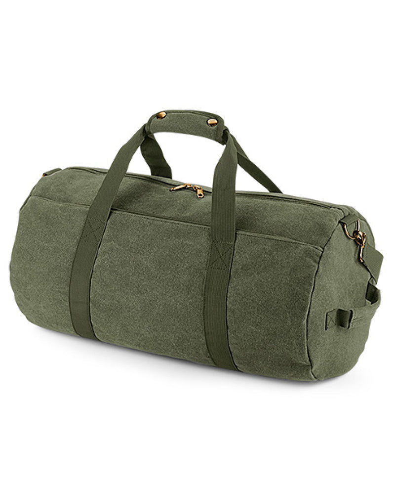 Side profile of the black Vintage Canvas Barrel Bag, highlighting its compact, retro design.