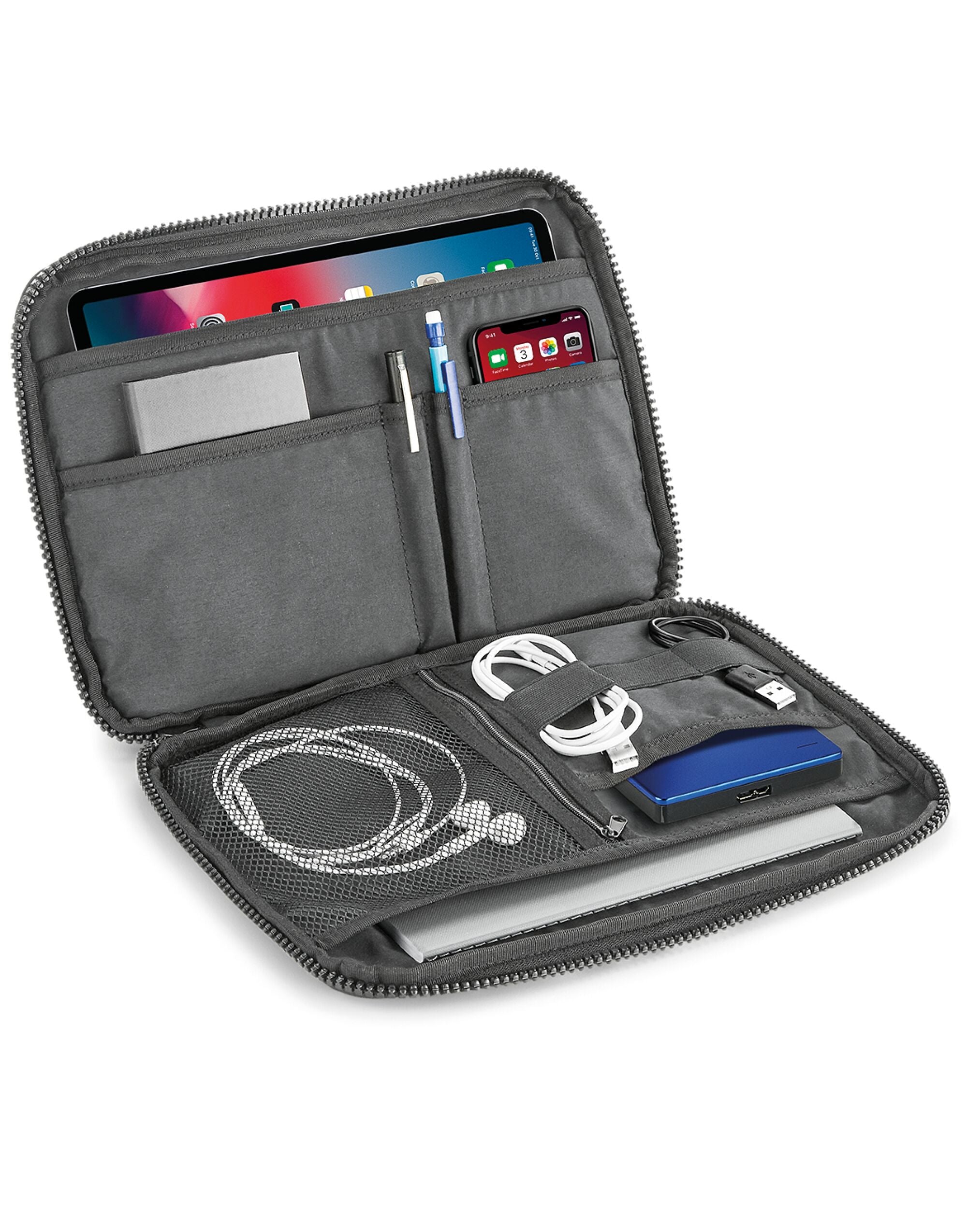 Close-up of the internal mesh pockets inside the Bagbase Essential Tech Organiser for secure storage.
