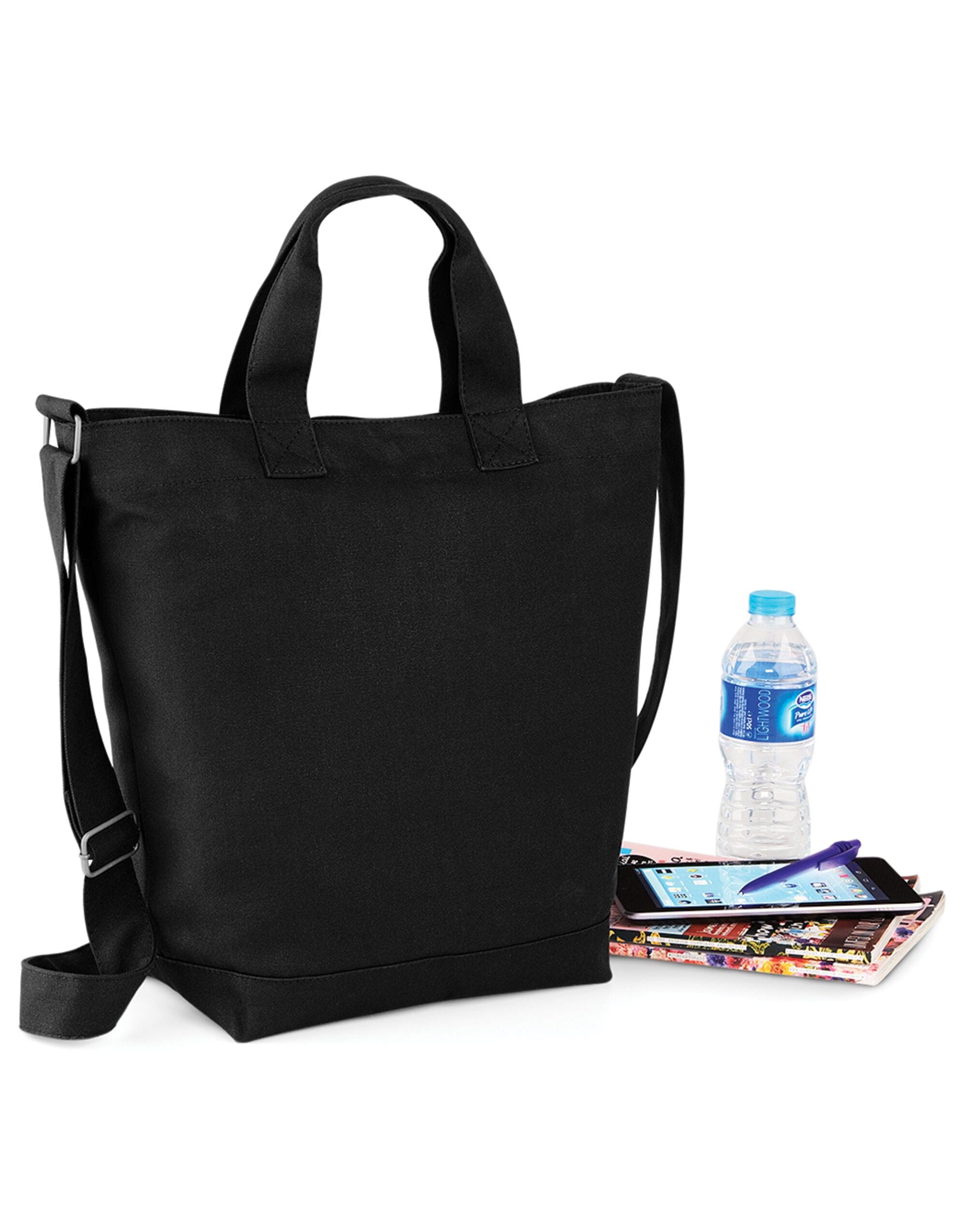 Front view of the Bagbase Canvas Day Bag in a natural canvas color with contrast handles.