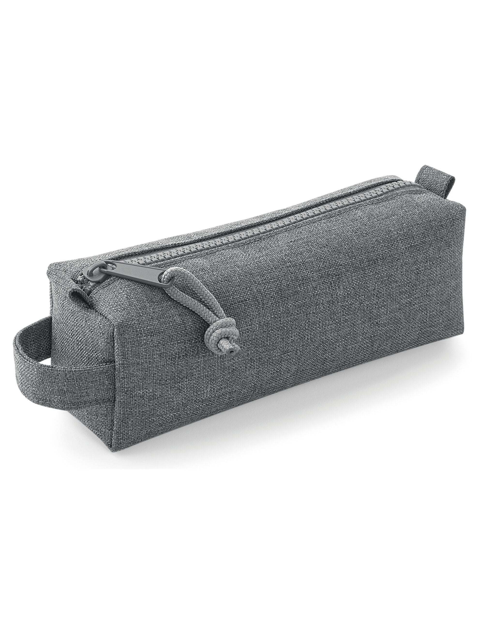 Angled view of the navy Bagbase Essential Accessory Case, showcasing its durable fabric and zipper.