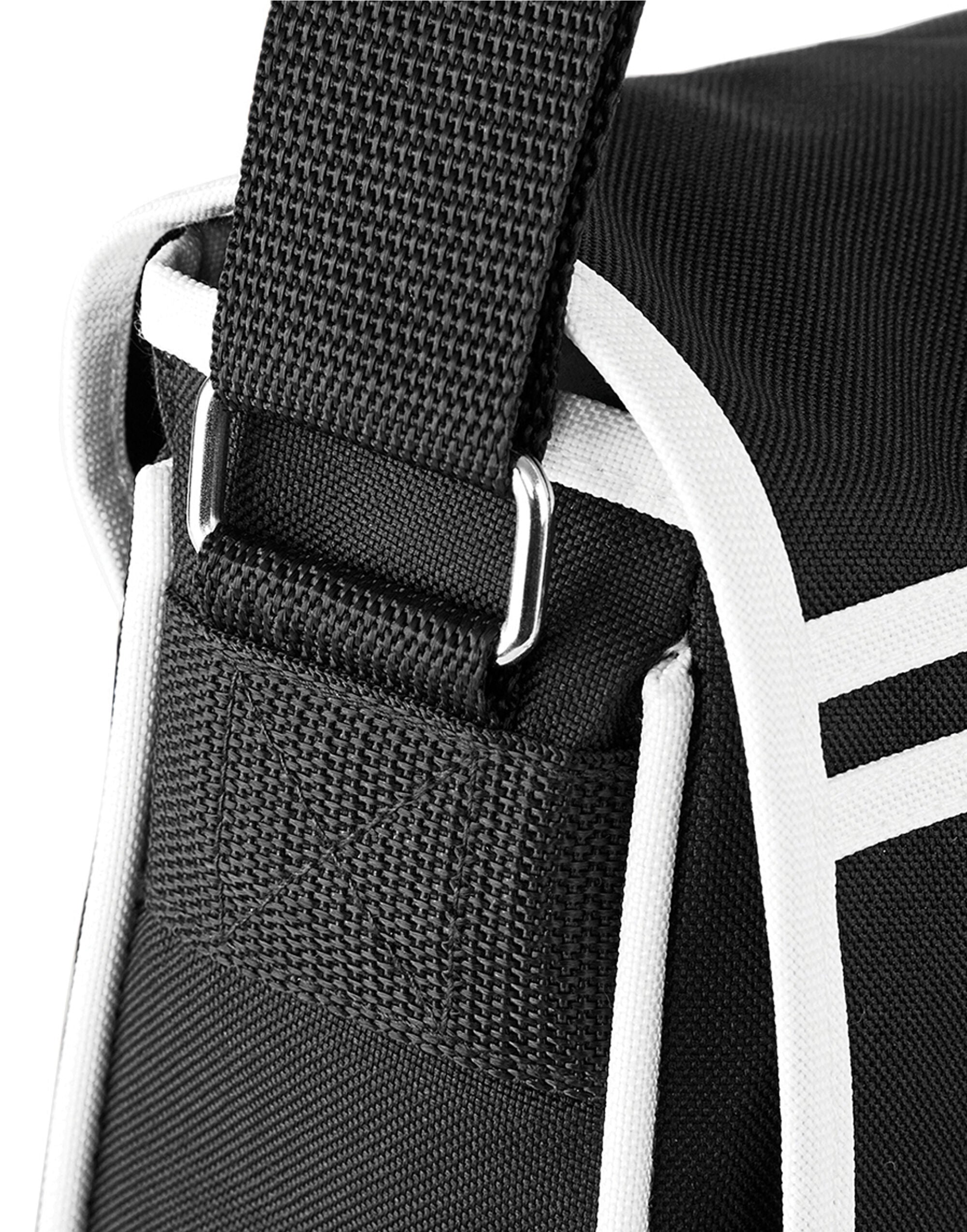 The Bagbase Retro Messenger bag with its main flap open, revealing a zippered main compartment and front pocket.