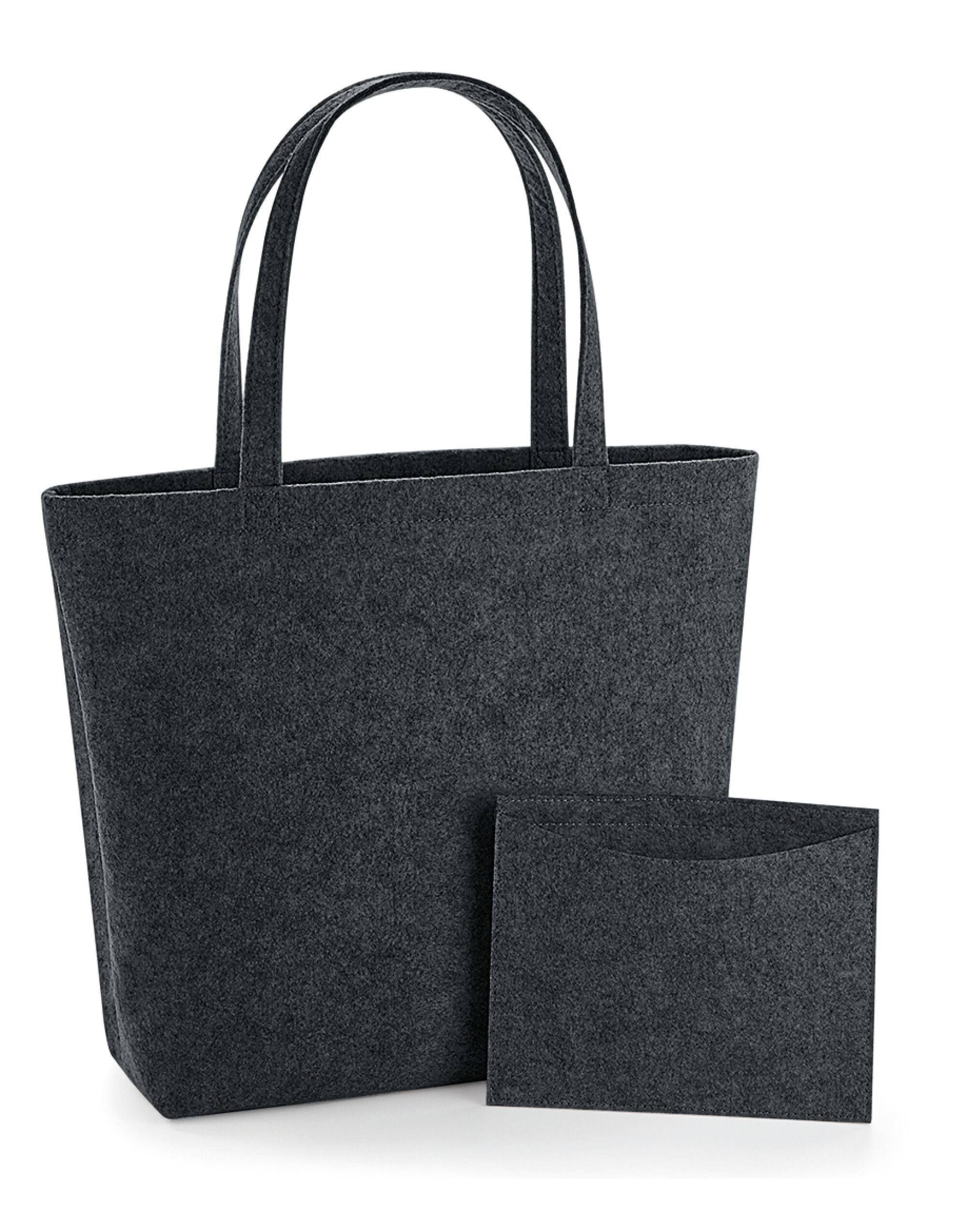 Side profile of the dark grey marl Bagbase Felt Shopper, highlighting its clean lines and sturdy felt material.