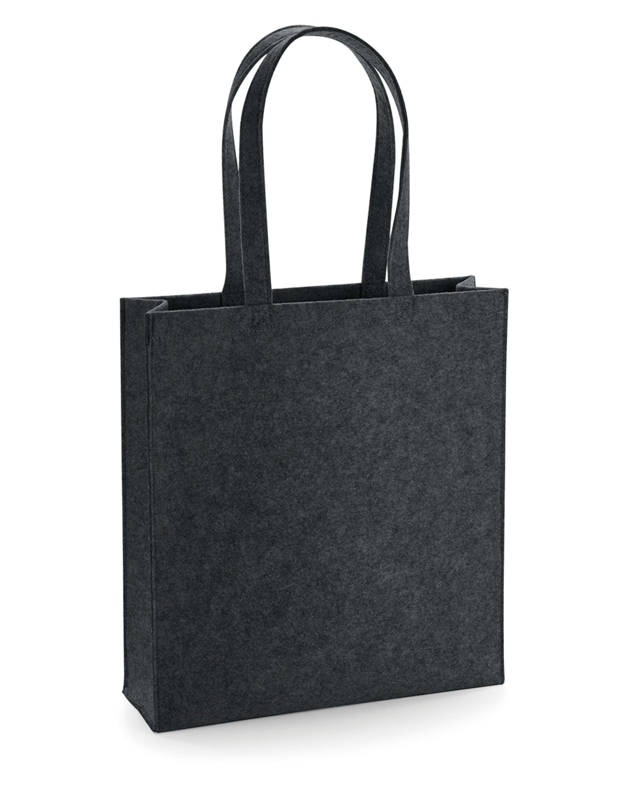 Front view of the dark grey marl Bagbase Felt Tote Bag, a smaller, stylish tote with short handles.