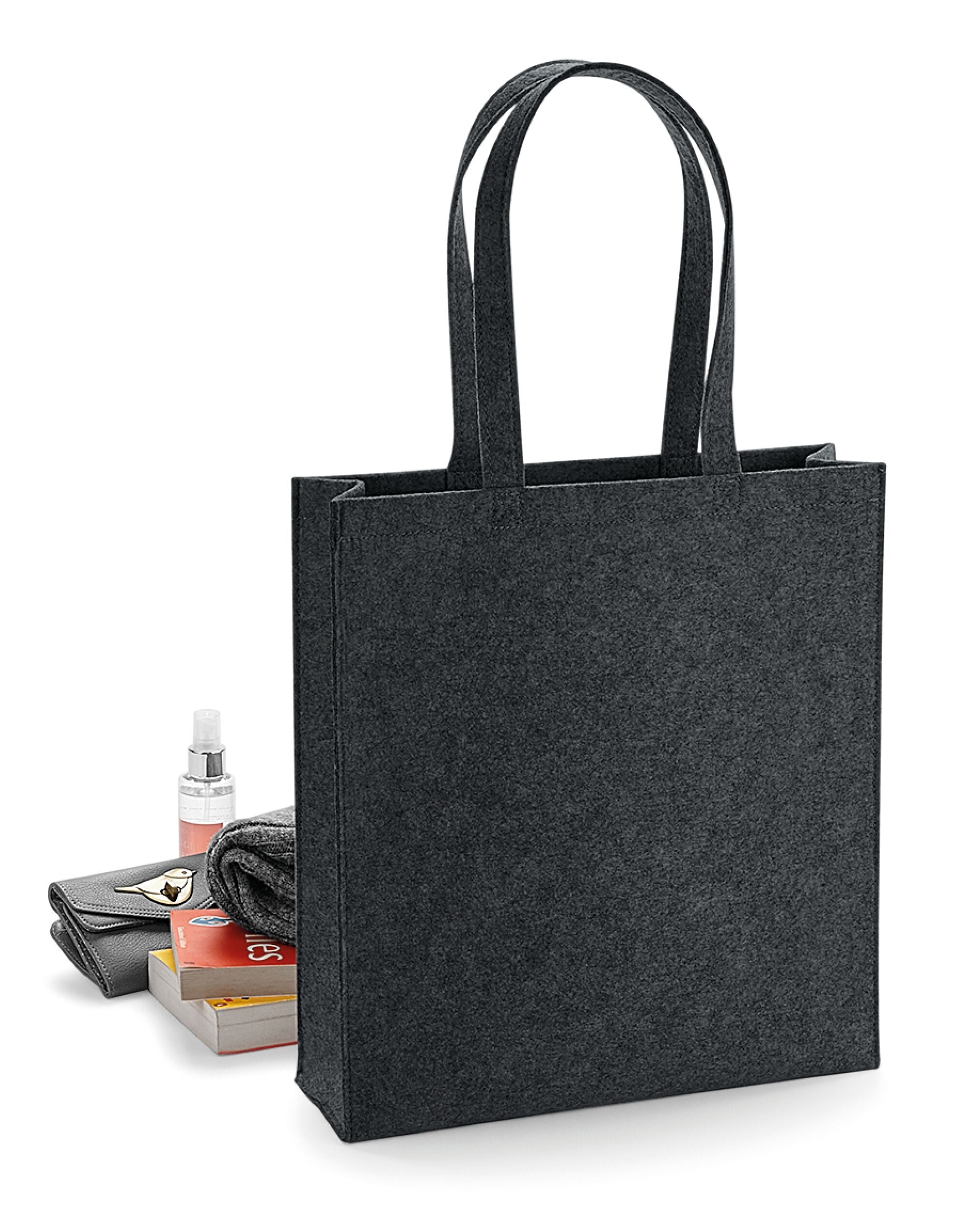 The dark grey marl Bagbase Felt Tote, a perfect modern accessory for carrying daily essentials.