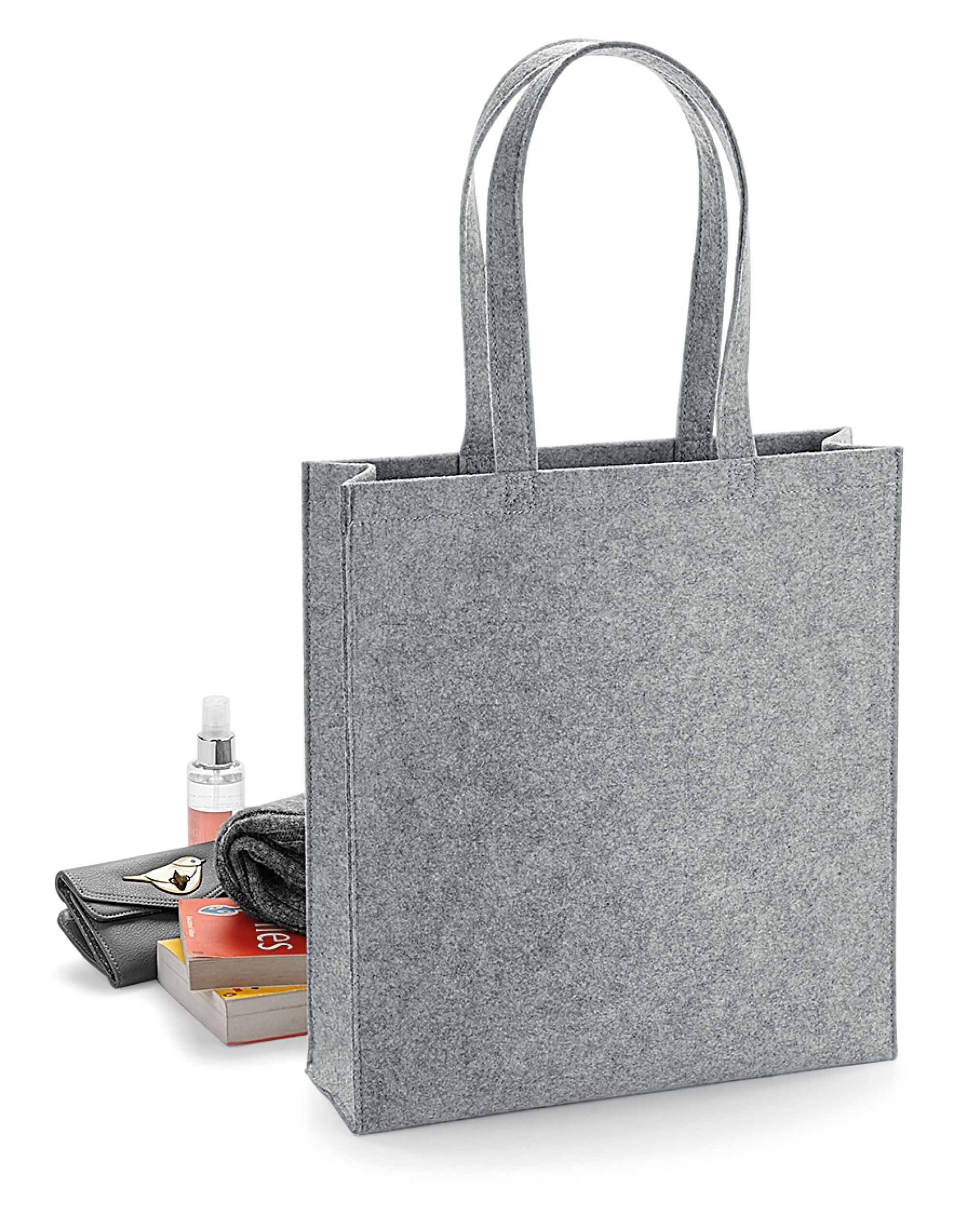 The light grey marl Bagbase Felt Tote Bag, shown from the side to illustrate its depth and structure.