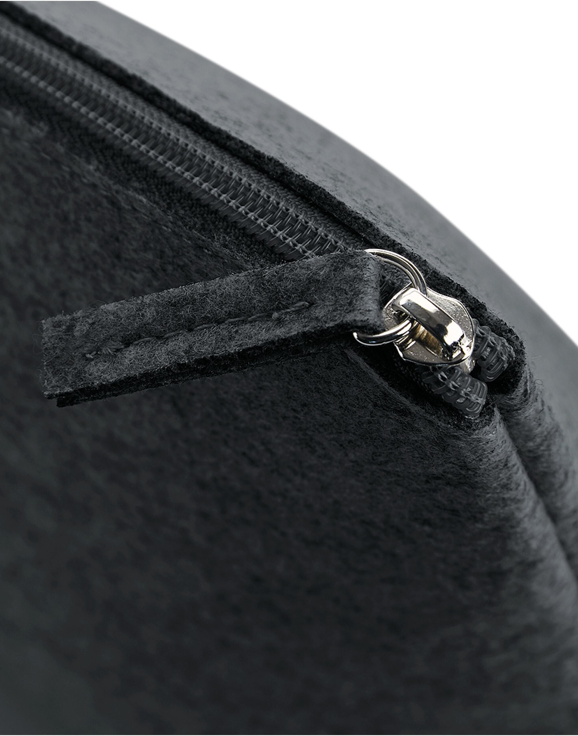 Three-quarter view of the dark grey felt pouch, highlighting its simple, functional design.