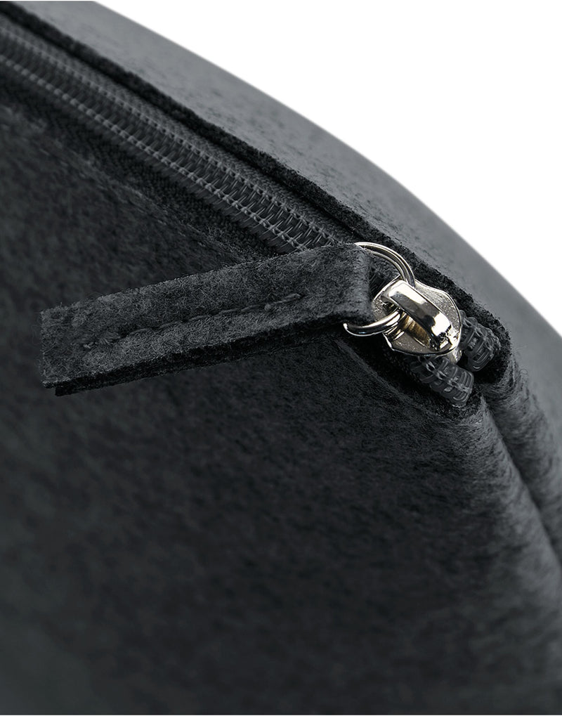 Three-quarter view of the dark grey felt pouch, highlighting its simple, functional design.