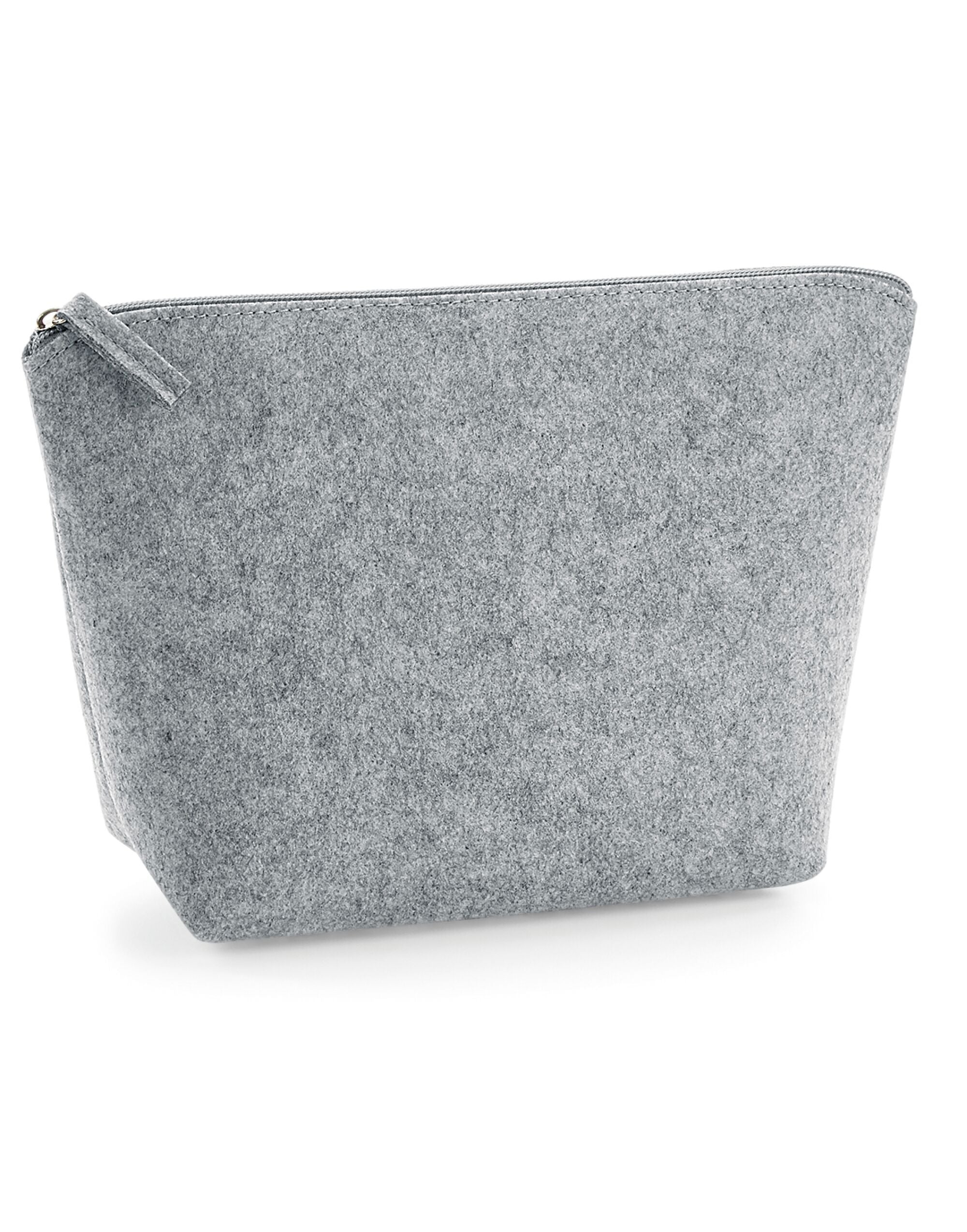 Full frontal shot of the dark grey Bagbase Felt Accessory Bag on a white background.