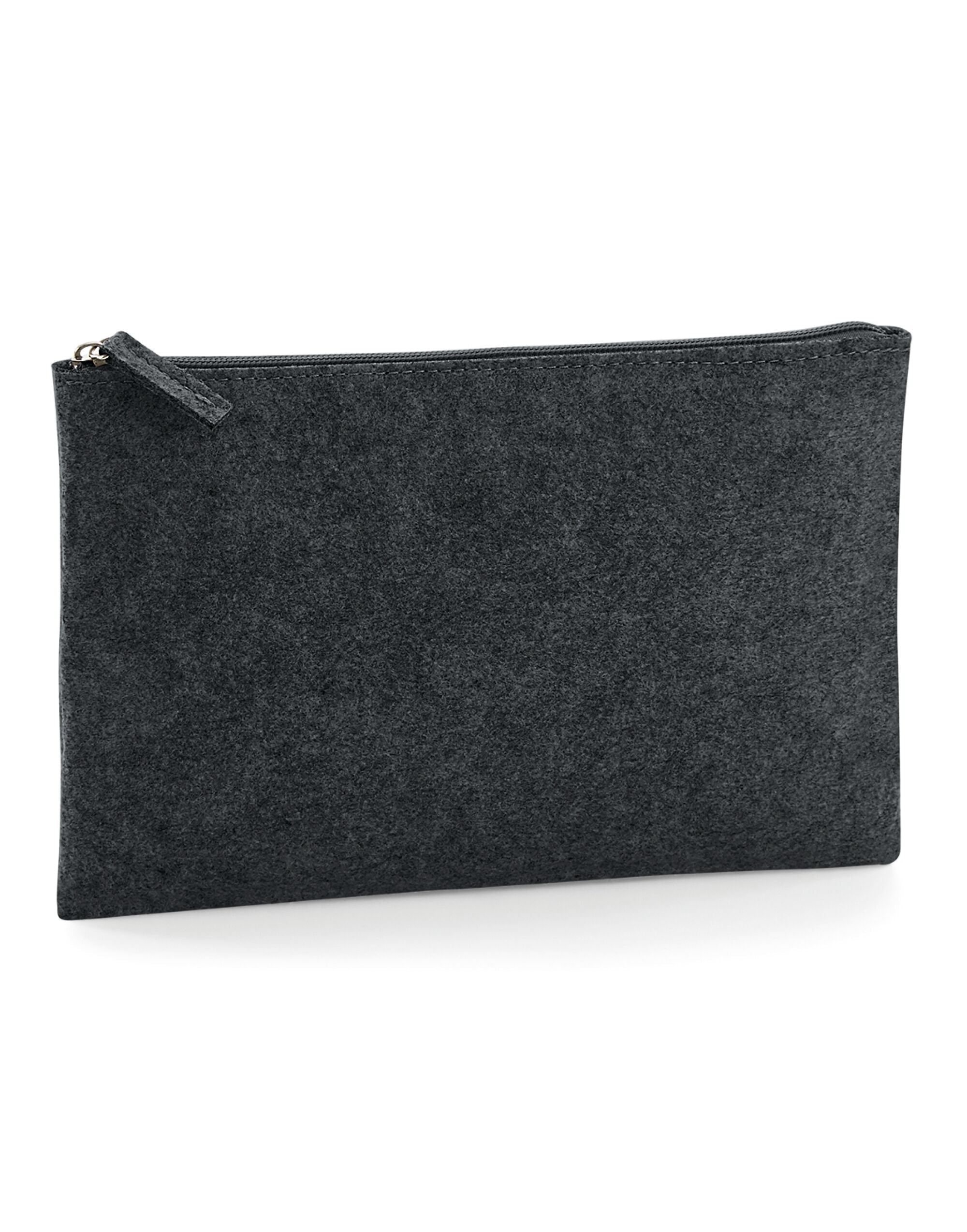 Front view of the Bagbase Felt Accessory Pouch in dark grey marl, with a stylish contrast zip.